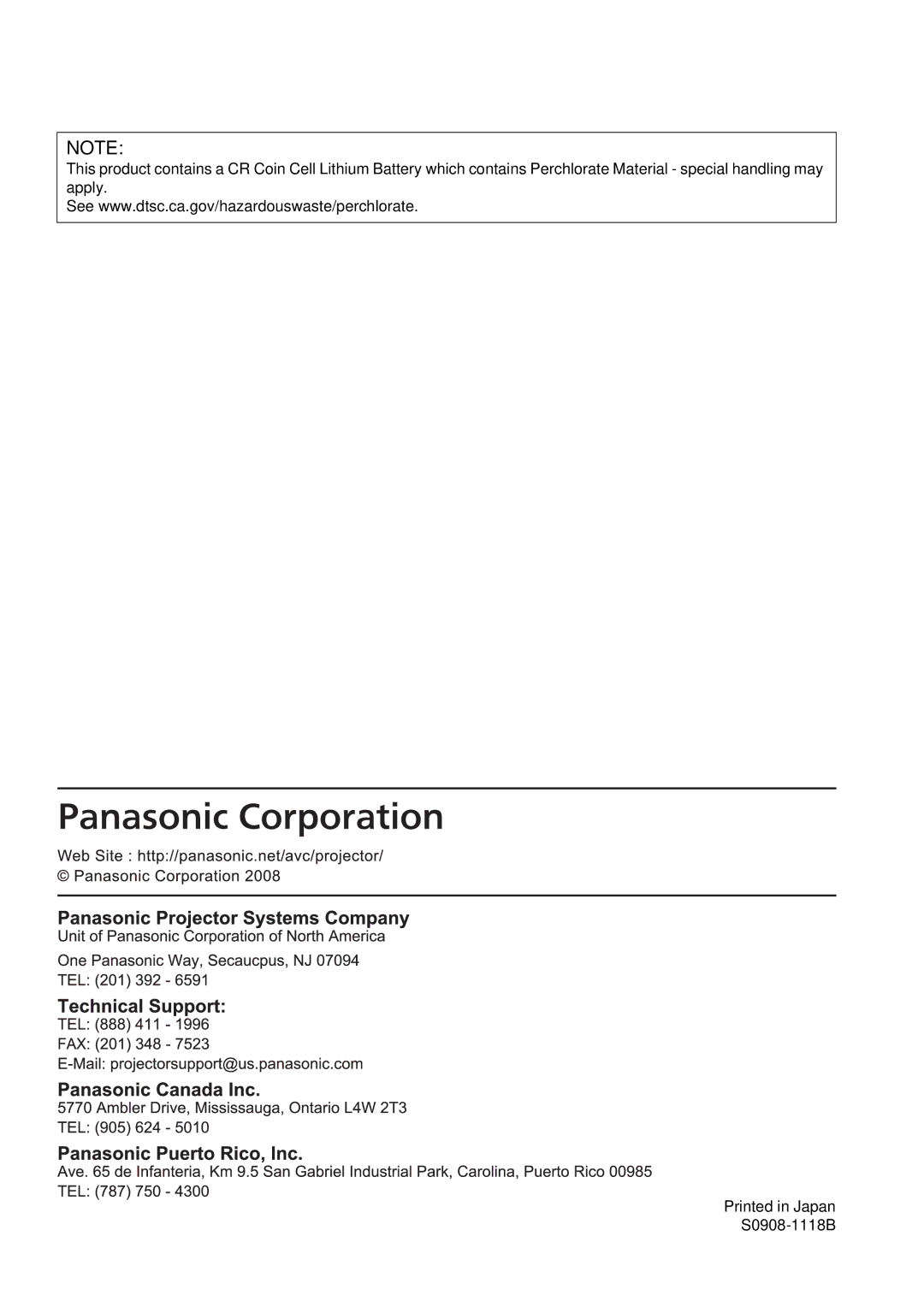 Panasonic PTF300NTU, PT-F300U manual 