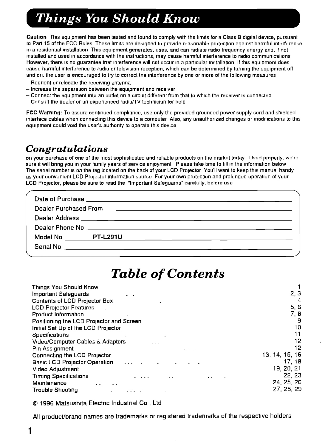 Panasonic PTL291U manual 