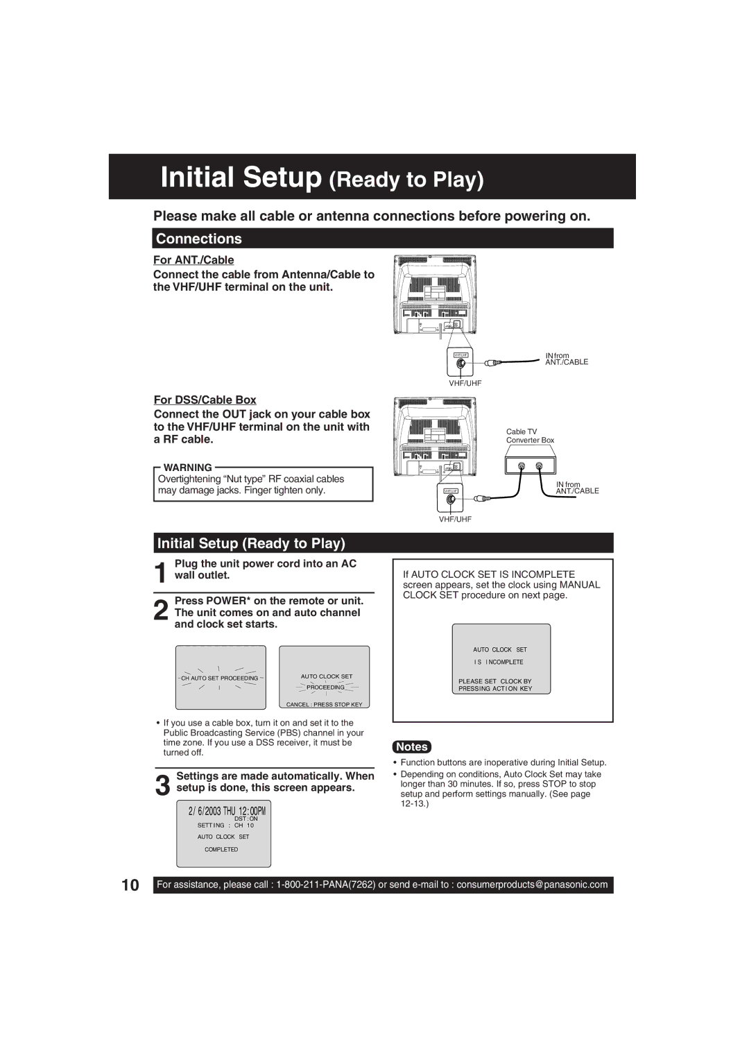 Panasonic PV 20D53, PV 27D53 manual Connections, Initial Setup Ready to Play 