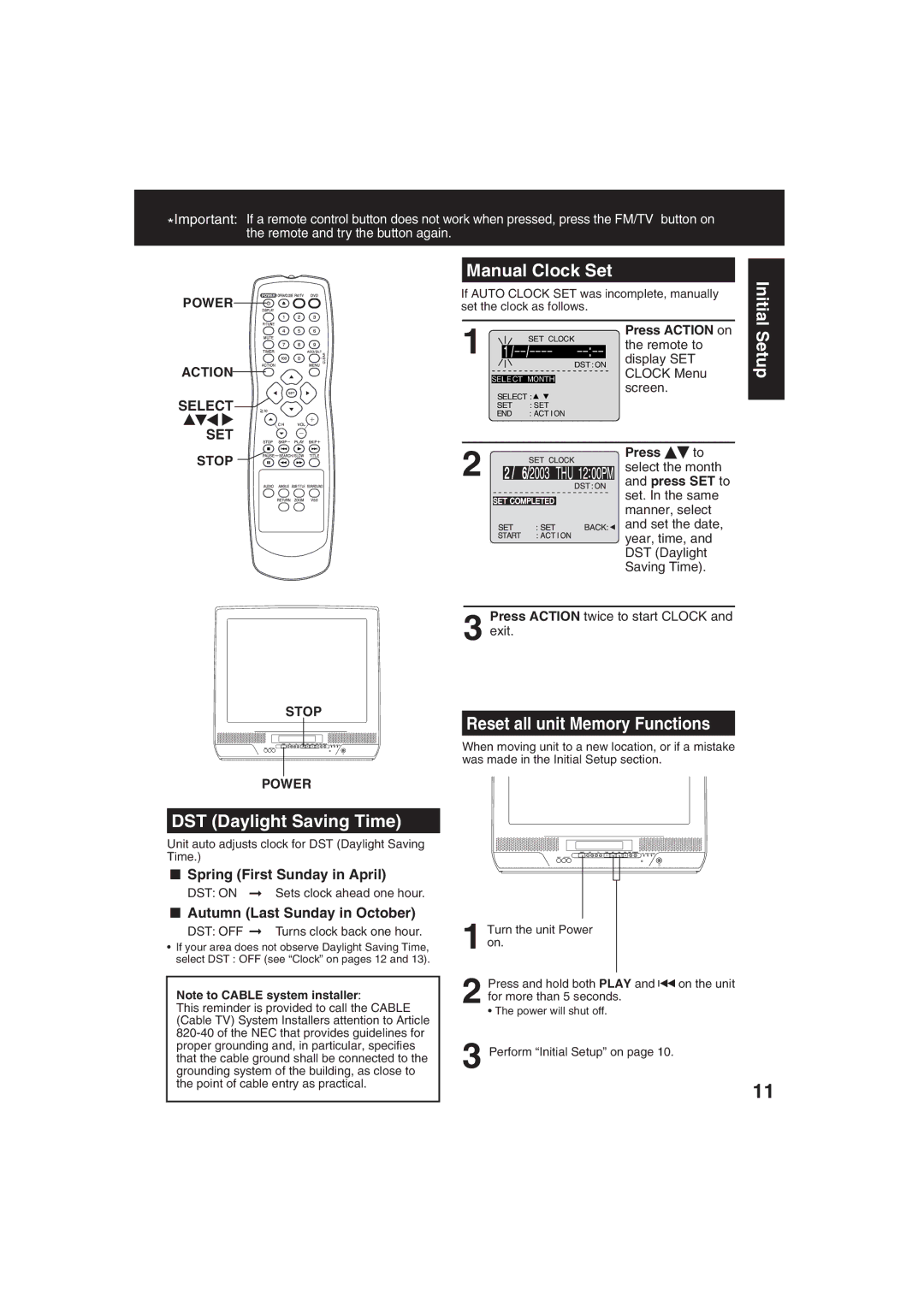 Panasonic PV 27D53, PV 20D53 manual DST Daylight Saving Time, Manual Clock Set, Reset all unit Memory Functions 