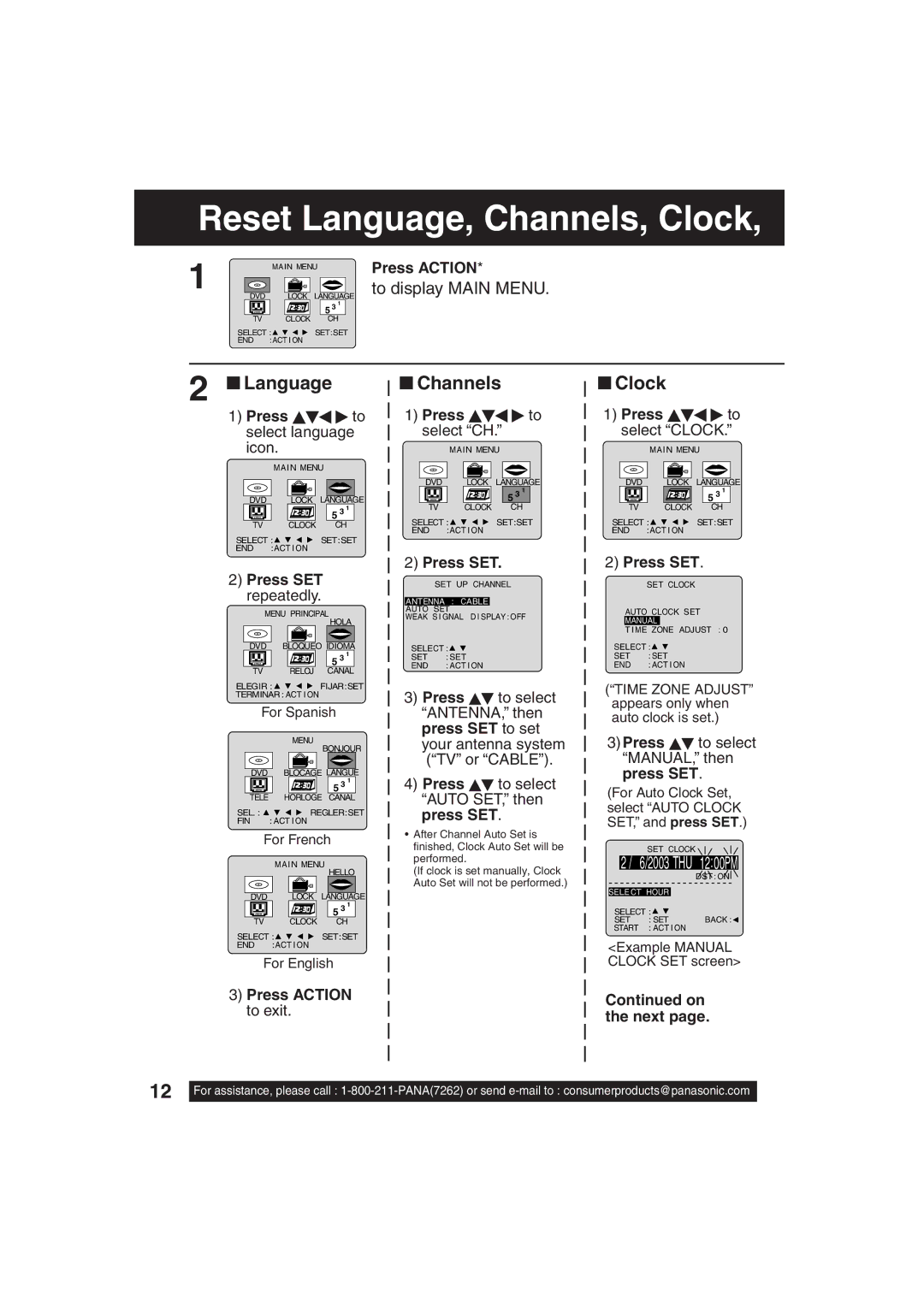 Panasonic PV 20D53, PV 27D53 manual Reset Language, Channels, Clock 