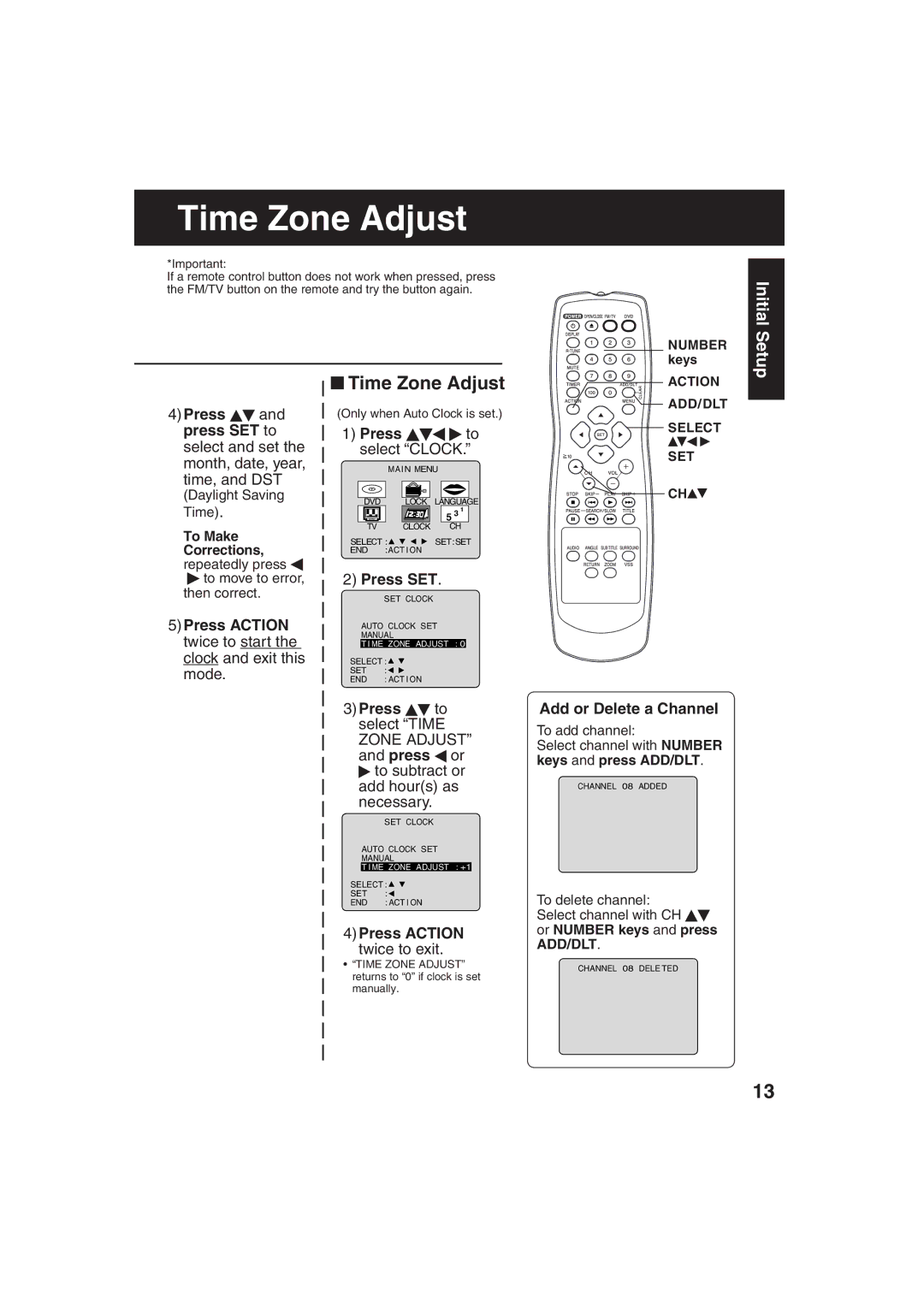 Panasonic PV 27D53 manual Time Zone Adjust, Press Action twice to start the clock and exit this mode, Press to select Time 