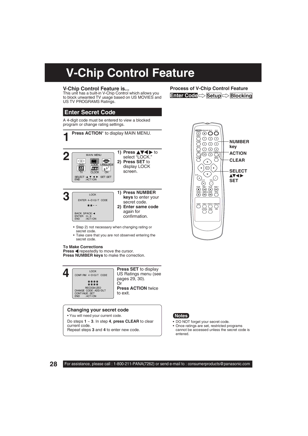 Panasonic PV 20D53, PV 27D53 manual Enter Secret Code, Chip Control Feature is, Enter Code Setup Blocking 