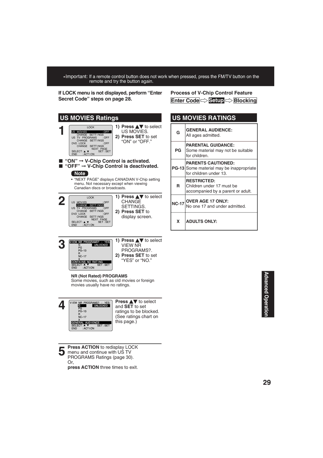 Panasonic PV 27D53, PV 20D53 manual US Movies Ratings, Enter Code, Blocking 