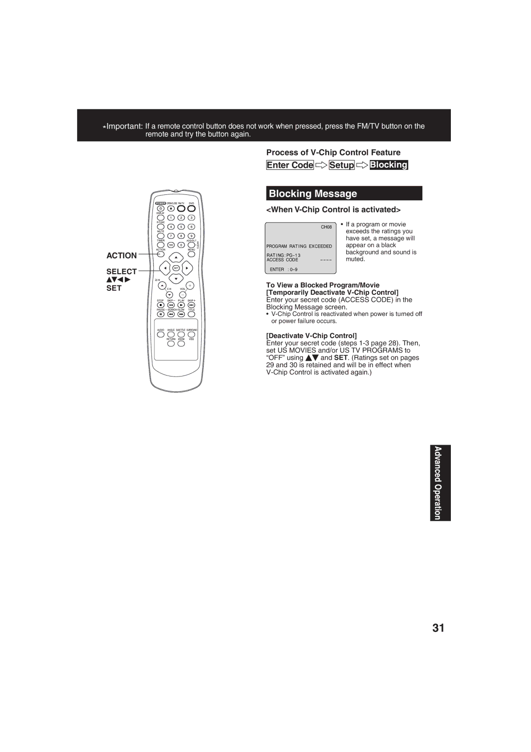 Panasonic PV 27D53, PV 20D53 manual Blocking Message, When V-Chip Control is activated, Deactivate V-Chip Control 