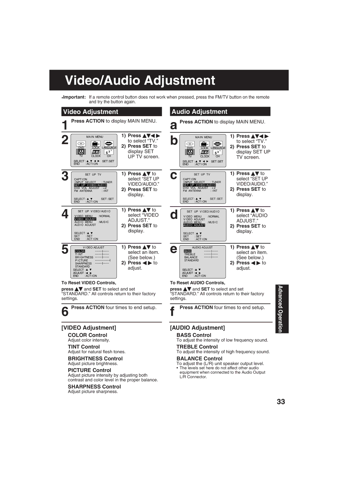 Panasonic PV 27D53, PV 20D53 manual Video/Audio Adjustment, Video Adjustment Audio Adjustment 