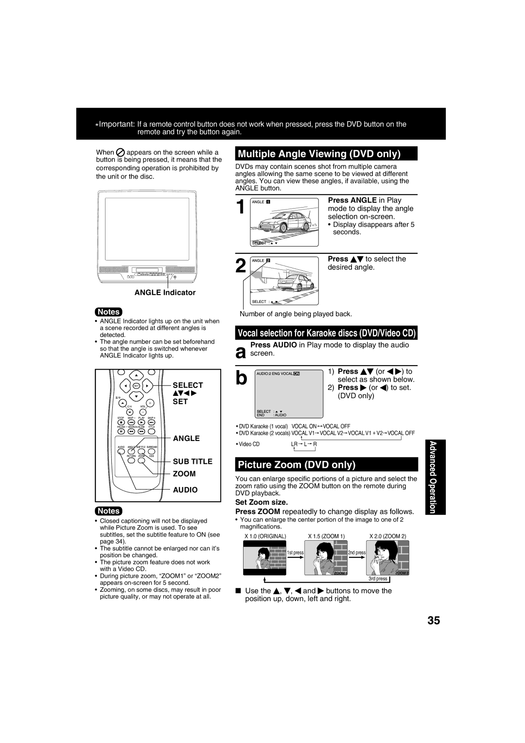 Panasonic PV 27D53, PV 20D53 manual Multiple Angle Viewing DVD only, Picture Zoom DVD only, SUB Title 