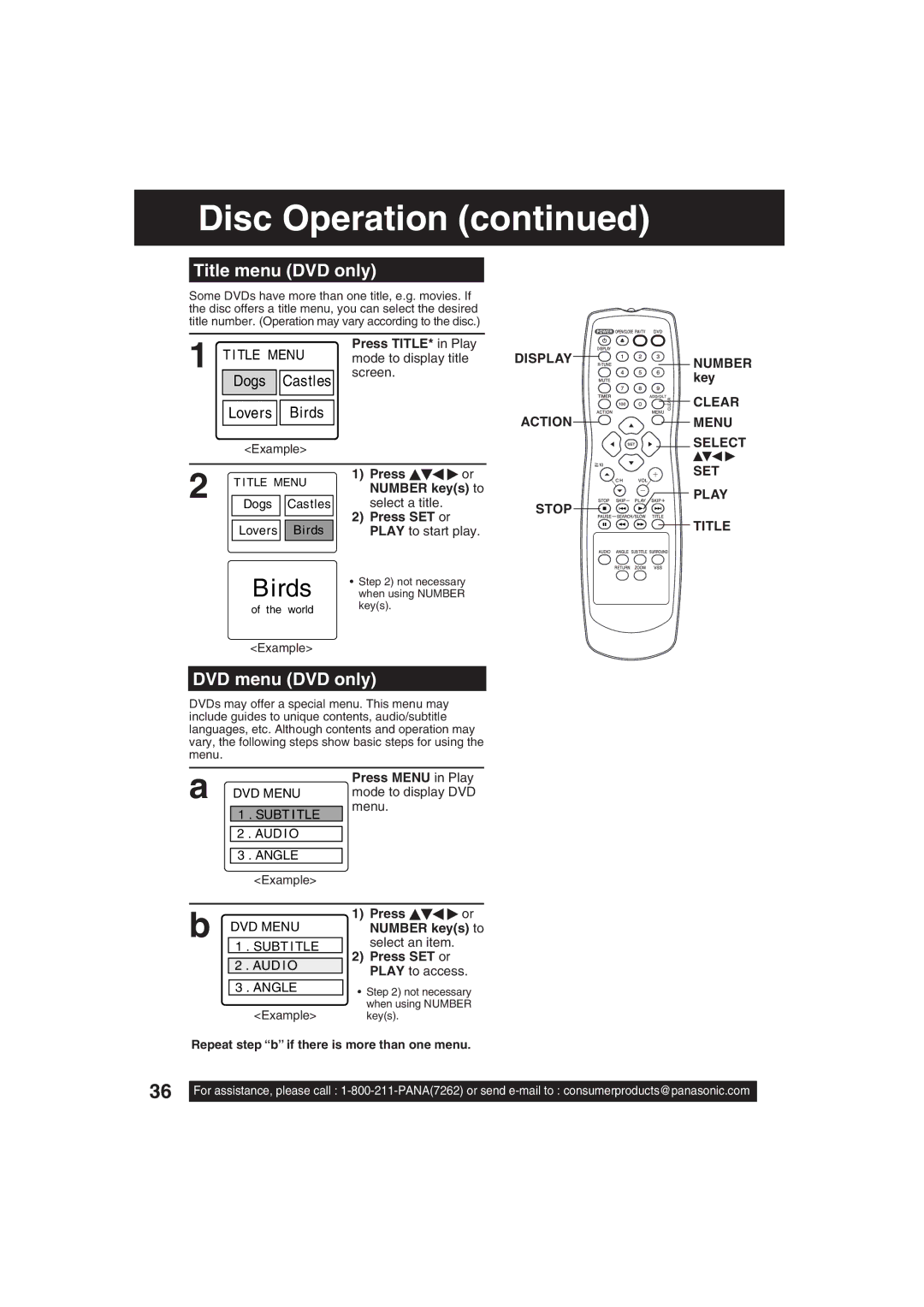 Panasonic PV 20D53, PV 27D53 Title menu DVD only, DVD menu DVD only, Display Action Stop, Clear Menu Select SET Play Title 