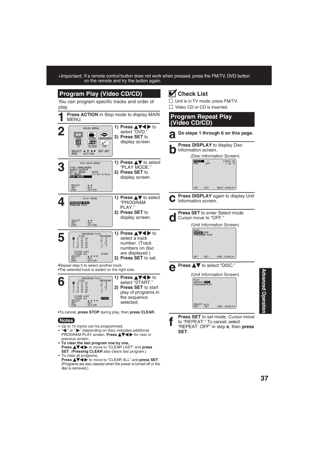 Panasonic PV 27D53, PV 20D53 manual Program Play Video CD/CD, Program Repeat Play Video CD/CD, Do steps 1 through 6 on this 