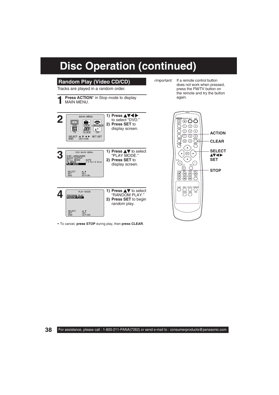 Panasonic PV 20D53, PV 27D53 Random Play Video CD/CD, Tracks are played in a random order, Press SET to begin random play 