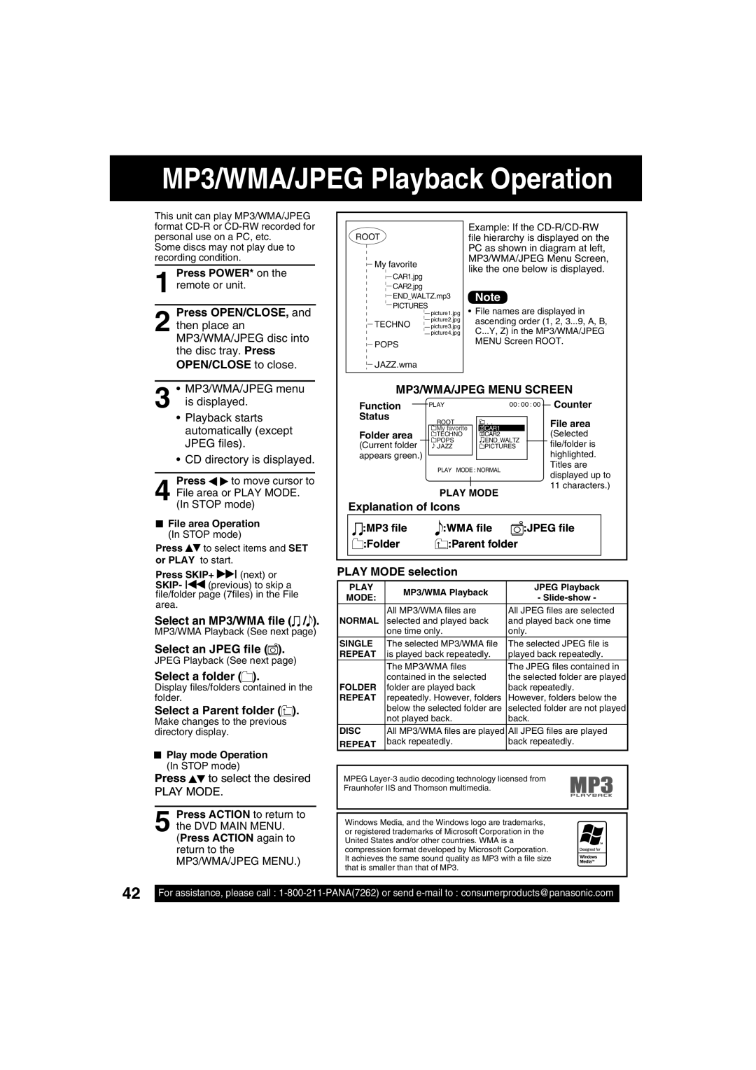 Panasonic PV 20D53 Press OPEN/CLOSE, OPEN/CLOSE to close, Explanation of Icons, Select an MP3/WMA ﬁle, Select an Jpeg ﬁle 