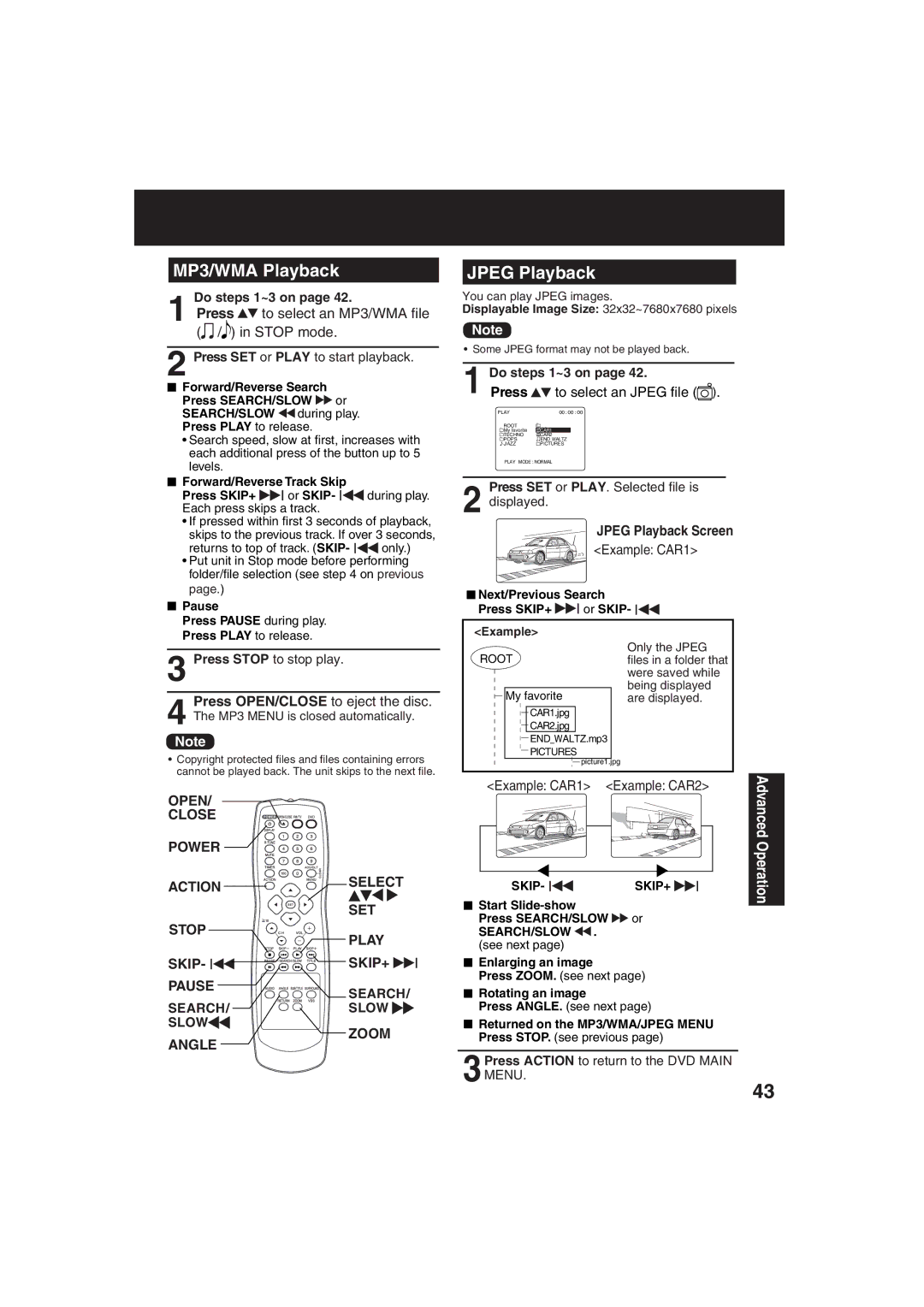 Panasonic PV 27D53, PV 20D53 manual MP3/WMA Playback, Press, Jpeg Playback Screen 