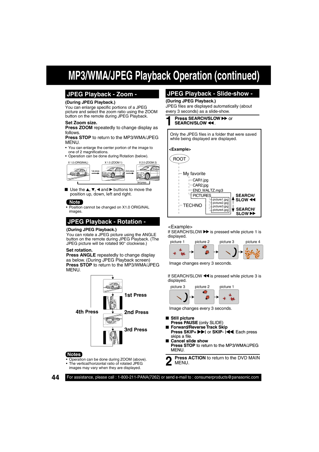 Panasonic PV 20D53, PV 27D53 manual Jpeg Playback Zoom, Jpeg Playback Rotation, Jpeg Playback Slide-show, Example 