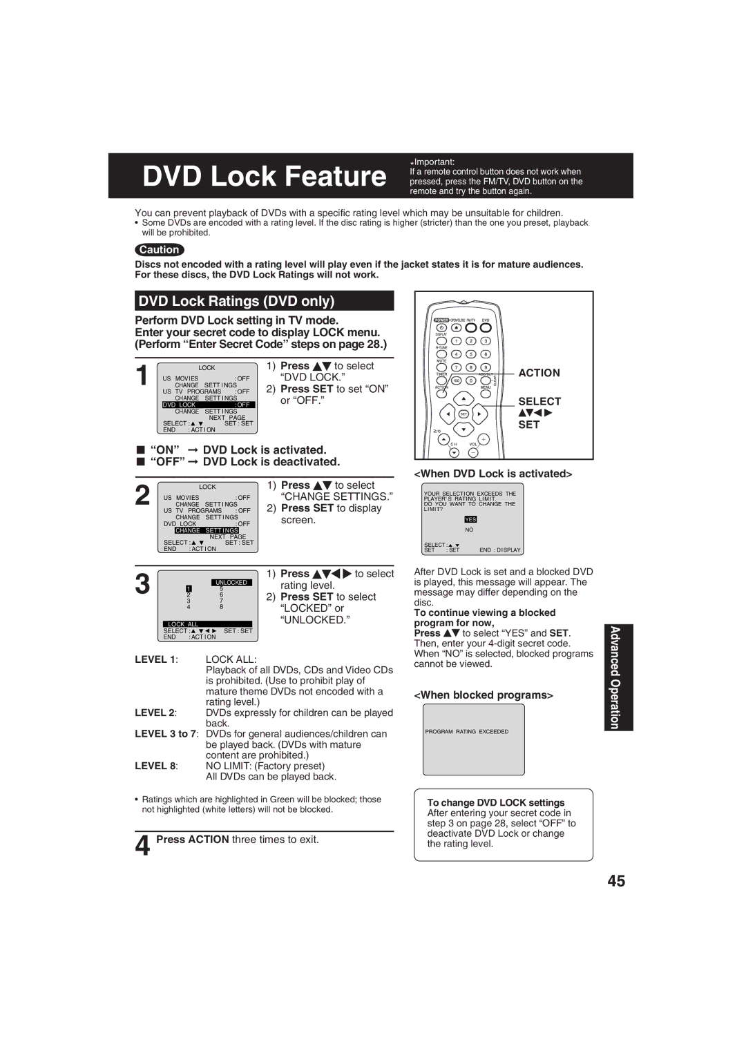 Panasonic PV 27D53, PV 20D53 DVD Lock Ratings DVD only, Perform DVD Lock setting in TV mode, When DVD Lock is activated 