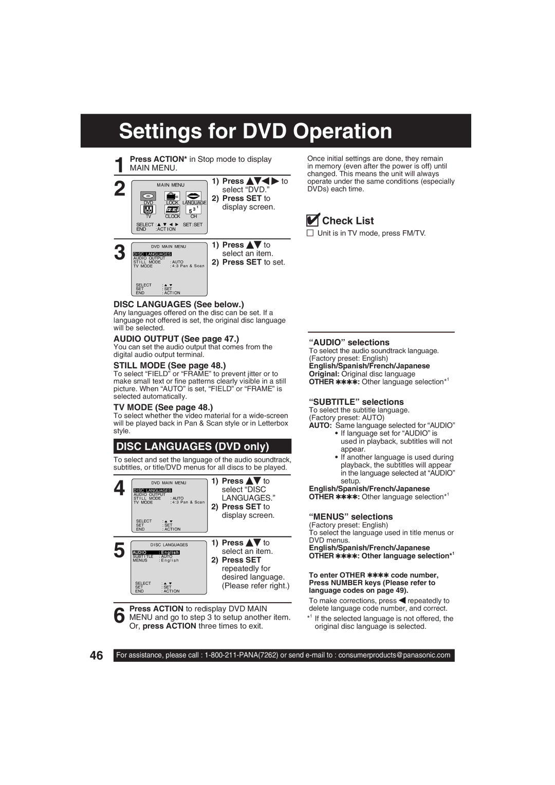 Panasonic PV 20D53, PV 27D53 manual Settings for DVD Operation, Disc Languages DVD only 