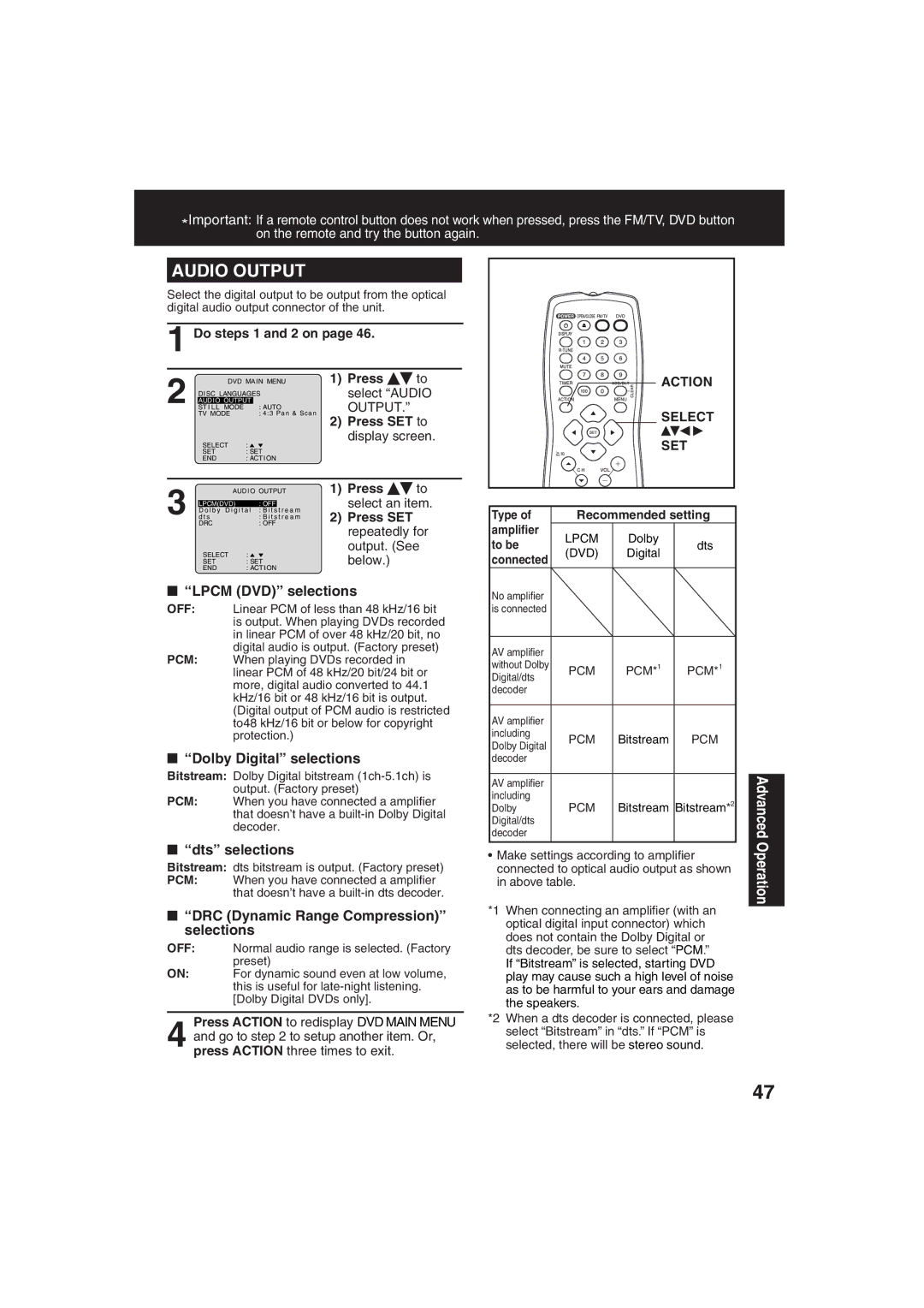 Panasonic PV 27D53 Lpcm DVD selections, Dolby Digital selections, Dts selections, DRC Dynamic Range Compression selections 