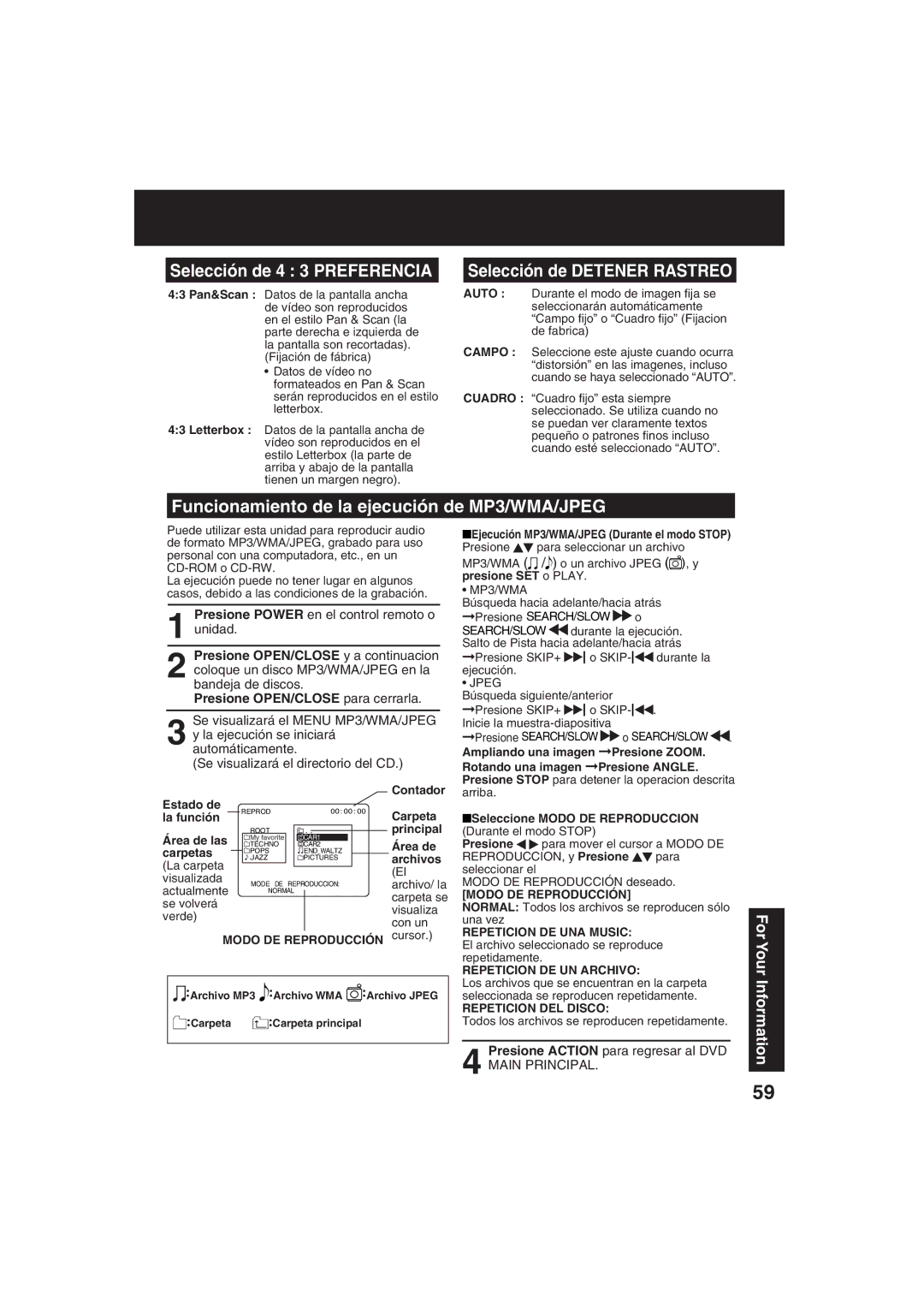 Panasonic PV 27D53 manual Selección de 4 3 Preferencia, Selección de Detener Rastreo, Presione OPEN/CLOSE y a continuacion 