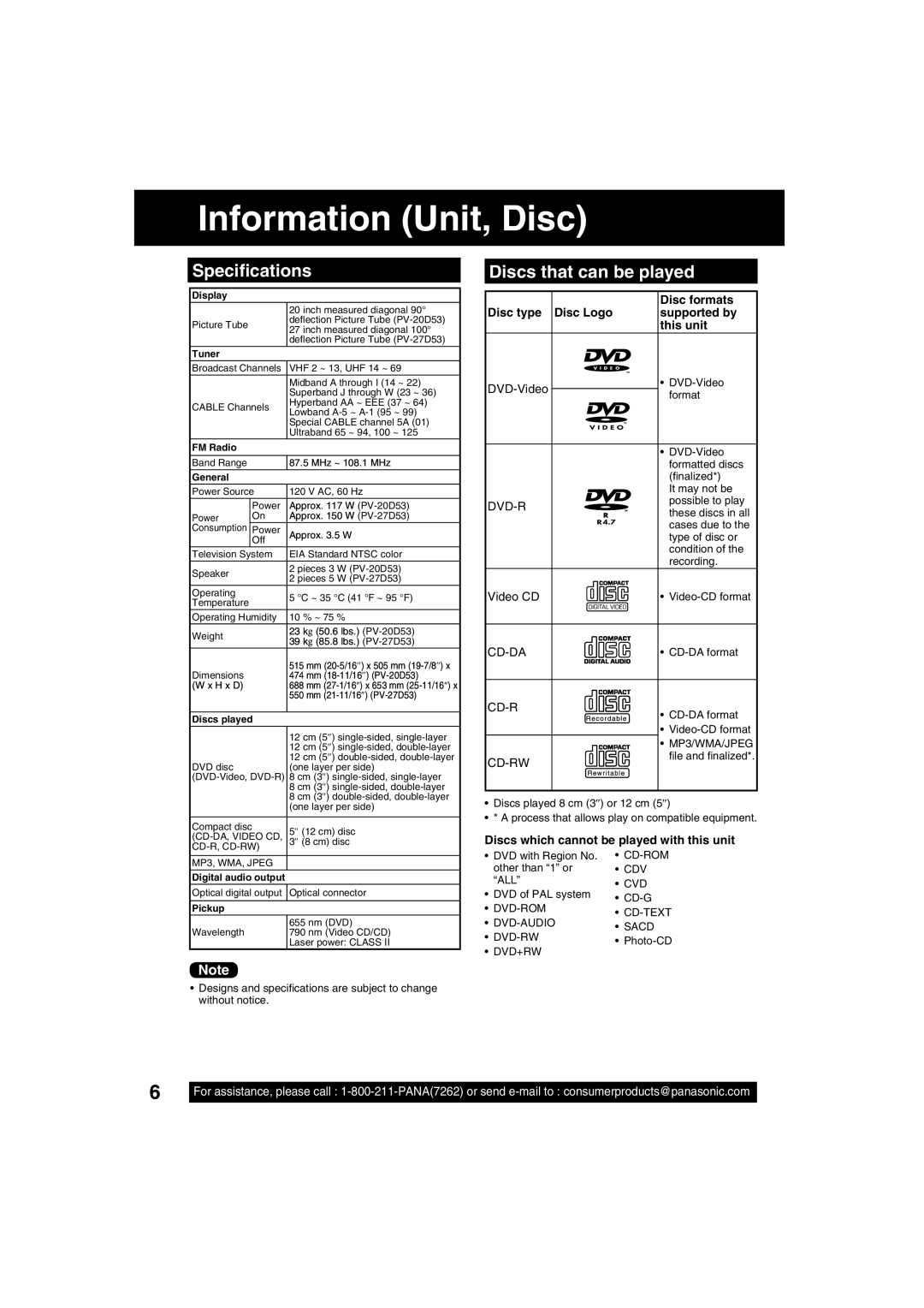 Panasonic PV 20D53, PV 27D53 manual Information Unit, Disc, Speciﬁcations, Discs that can be played 