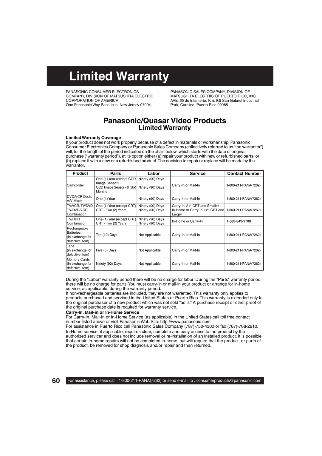 Panasonic PV 20D53 Limited Warranty Coverage, Parts Labor Service Contact Number, Carry-In, Mail-in or In-Home Service 