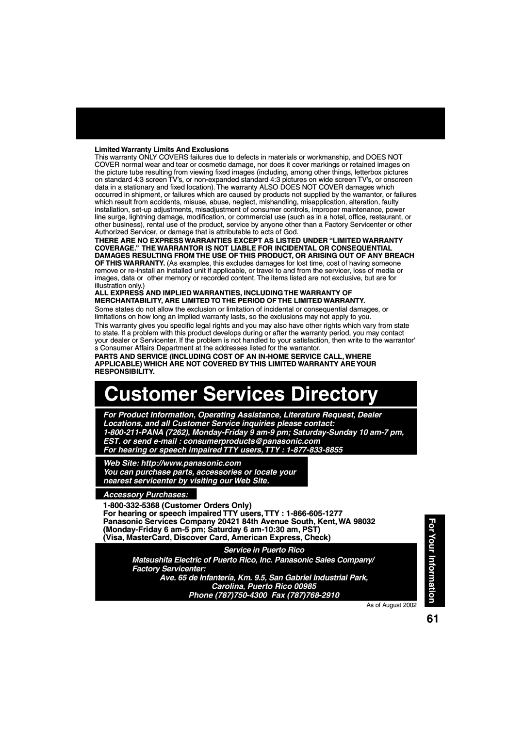 Panasonic PV 27D53, PV 20D53 manual Customer Services Directory, Limited Warranty Limits And Exclusions 