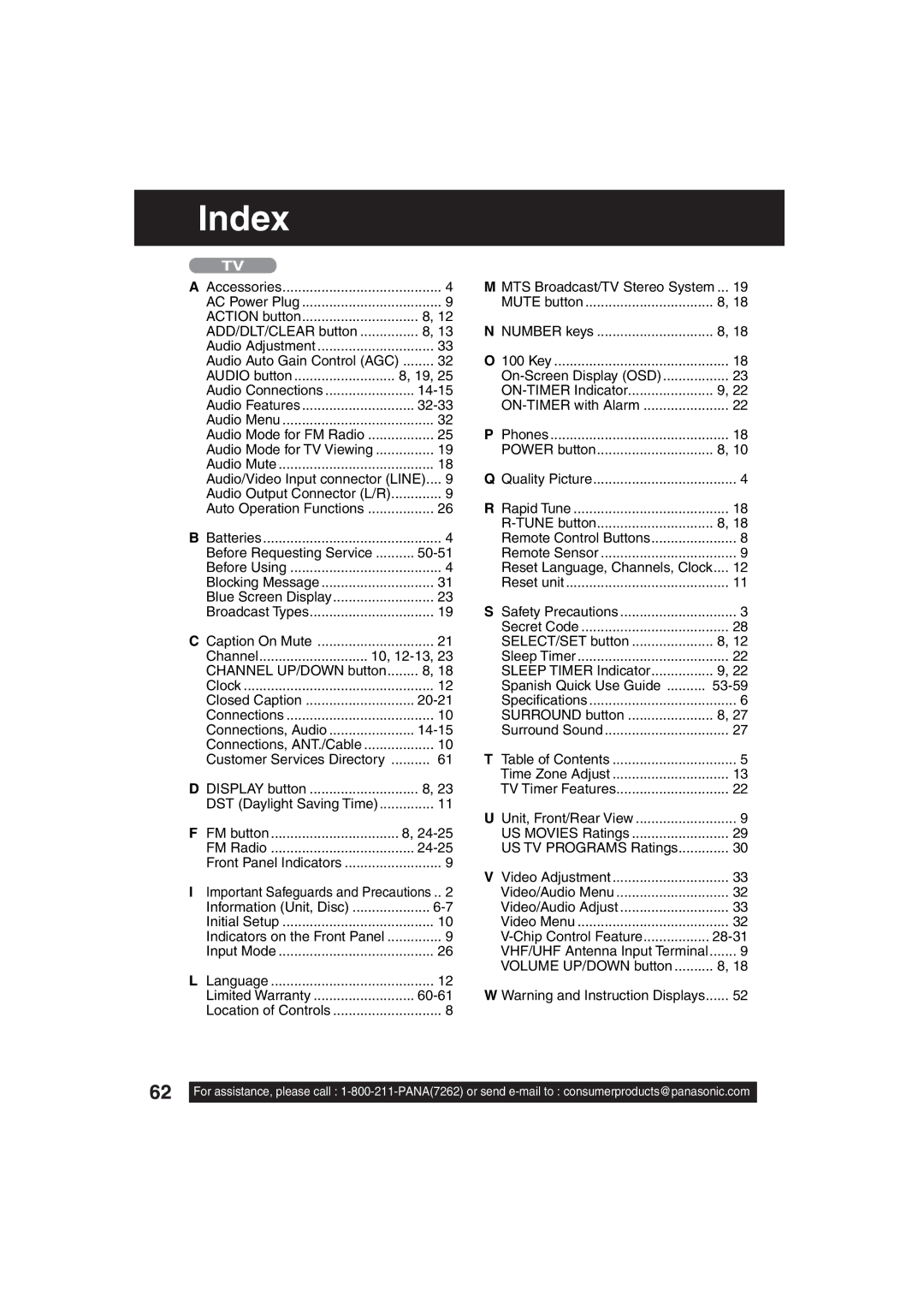 Panasonic PV 20D53, PV 27D53 manual Index 