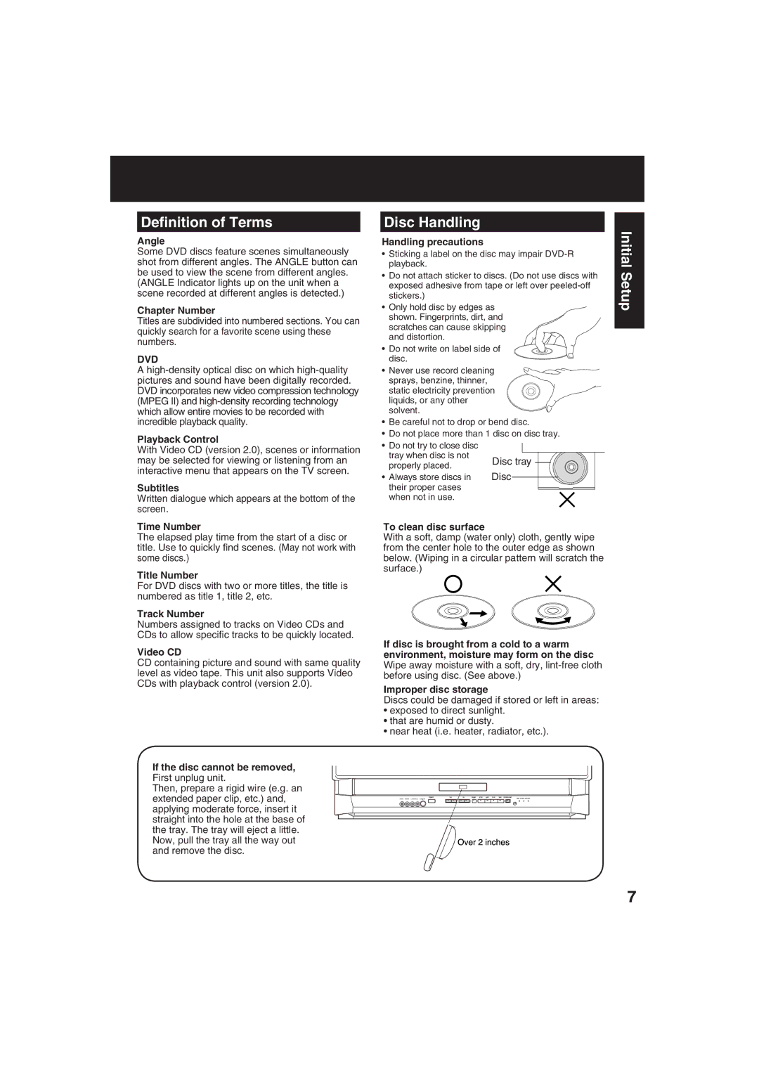 Panasonic PV 27D53, PV 20D53 manual Deﬁnition of Terms, Disc Handling, Initial Setup, Disc tray 