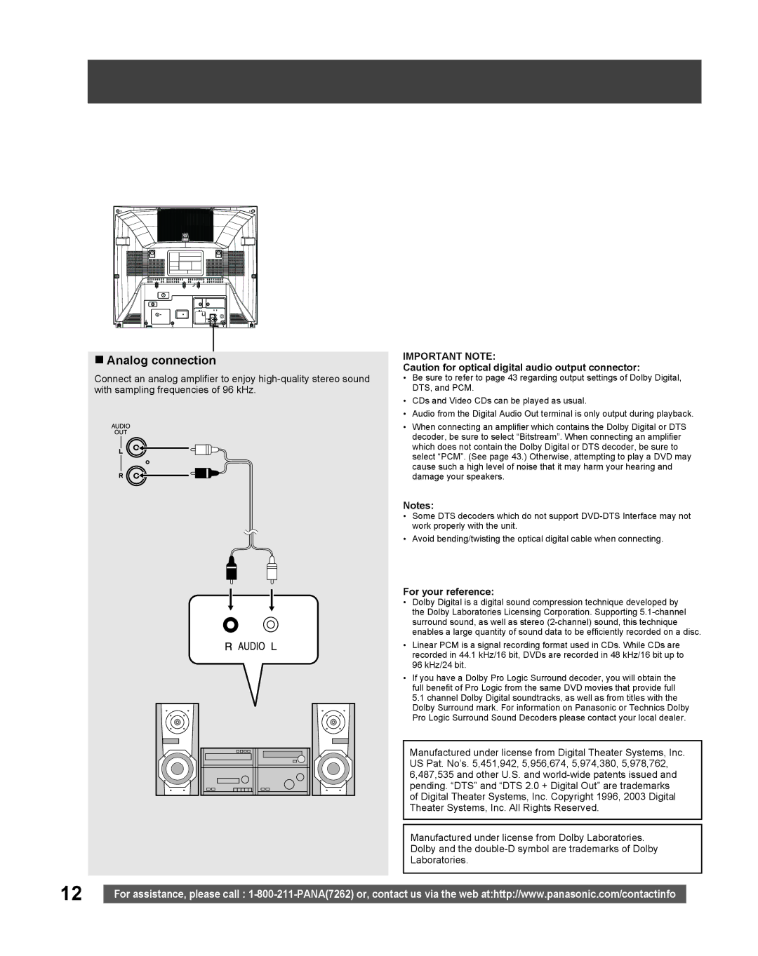 Panasonic PV 20DF25, PV 27DF25 operating instructions „ Analog connection, Important Note, For your reference 