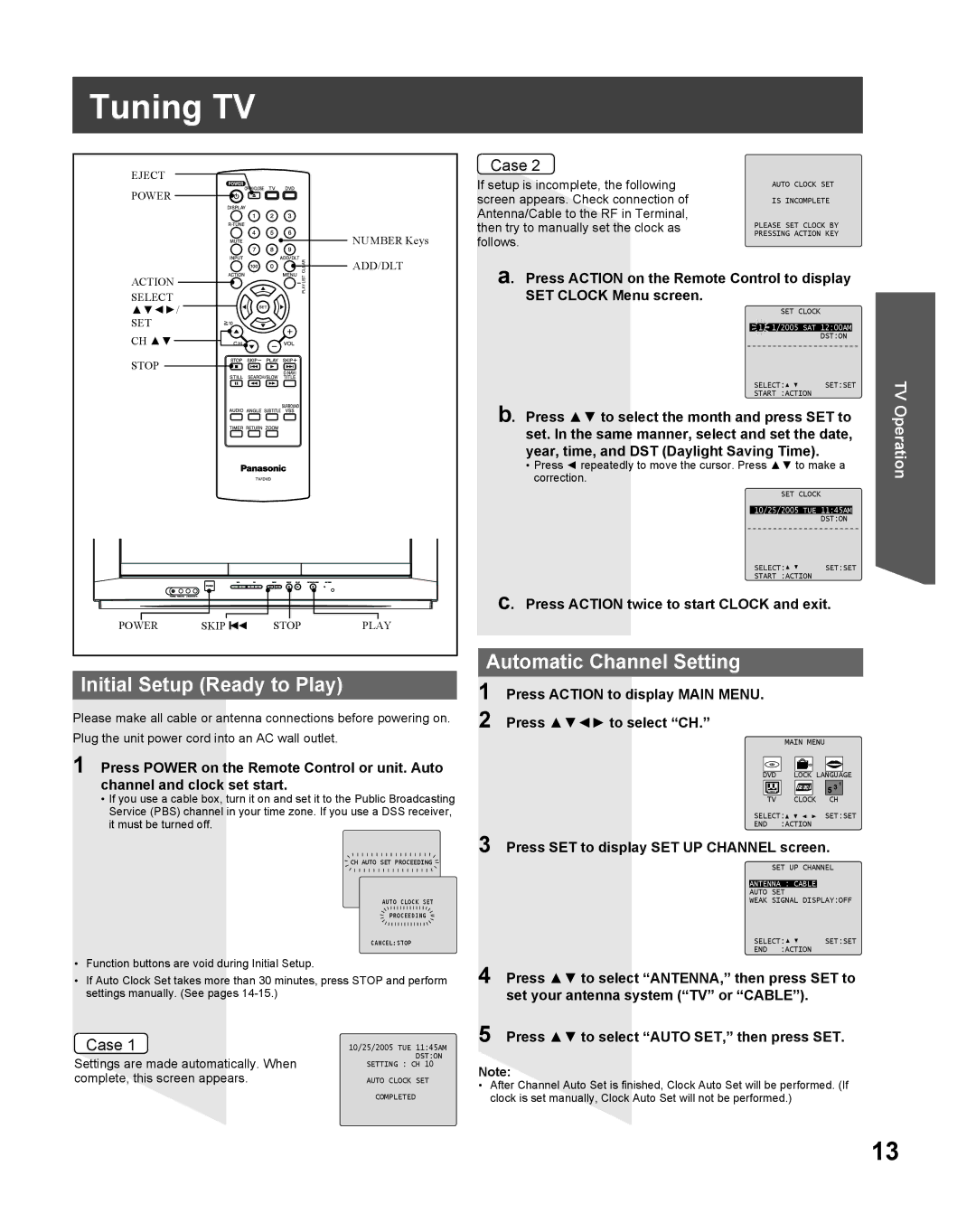 Panasonic PV 27DF25, PV 20DF25 operating instructions Tuning TV, Initial Setup Ready to Play, Automatic Channel Setting 