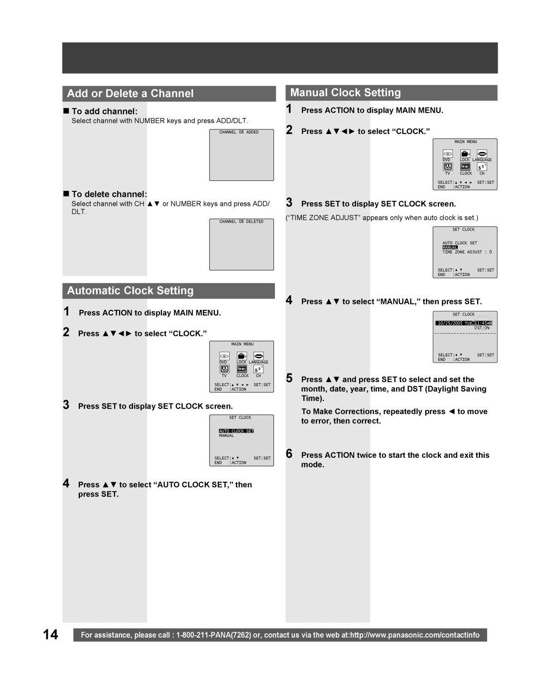 Panasonic PV 20DF25, PV 27DF25 Add or Delete a Channel, Automatic Clock Setting, Manual Clock Setting, „ To add channel 