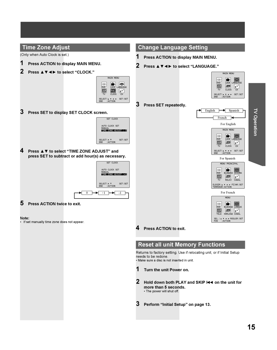 Panasonic PV 27DF25, PV 20DF25 Time Zone Adjust, Change Language Setting, Reset all unit Memory Functions 