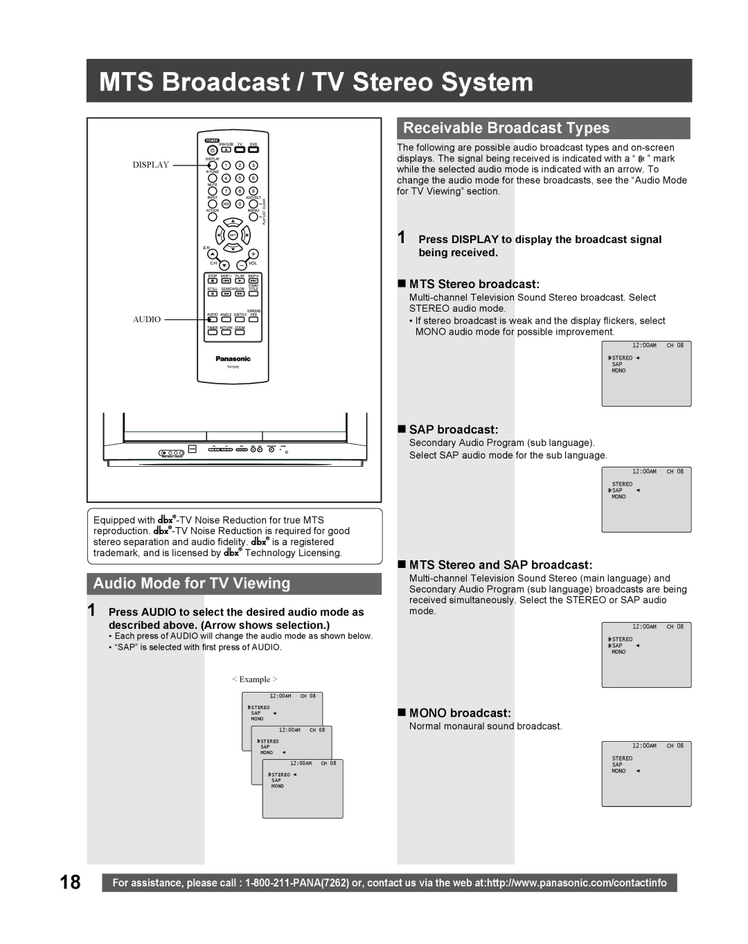 Panasonic PV 20DF25, PV 27DF25 MTS Broadcast / TV Stereo System, Audio Mode for TV Viewing, Receivable Broadcast Types 