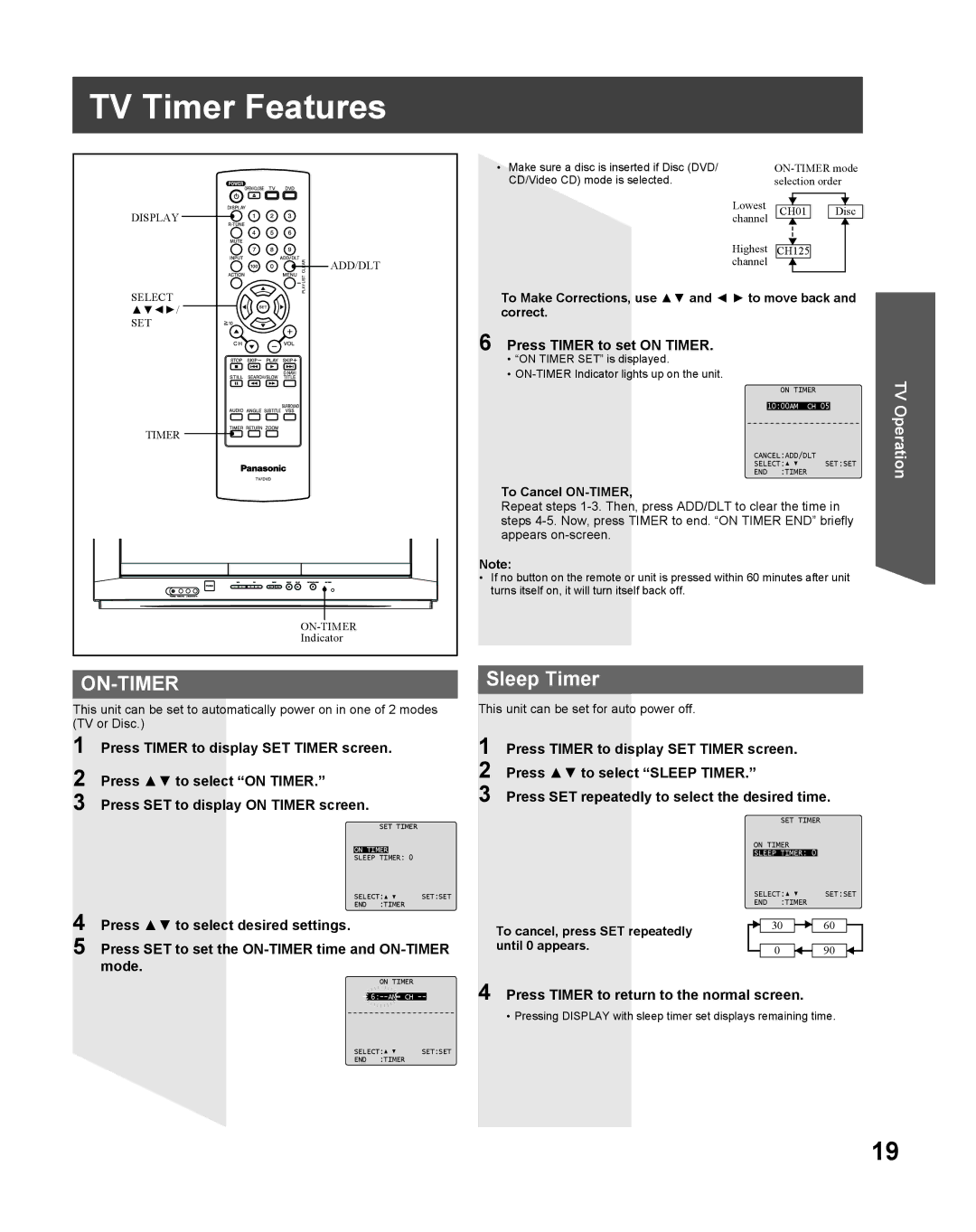 Panasonic PV 27DF25, PV 20DF25 operating instructions TV Timer Features, Sleep Timer, Press Timer to set on Timer 