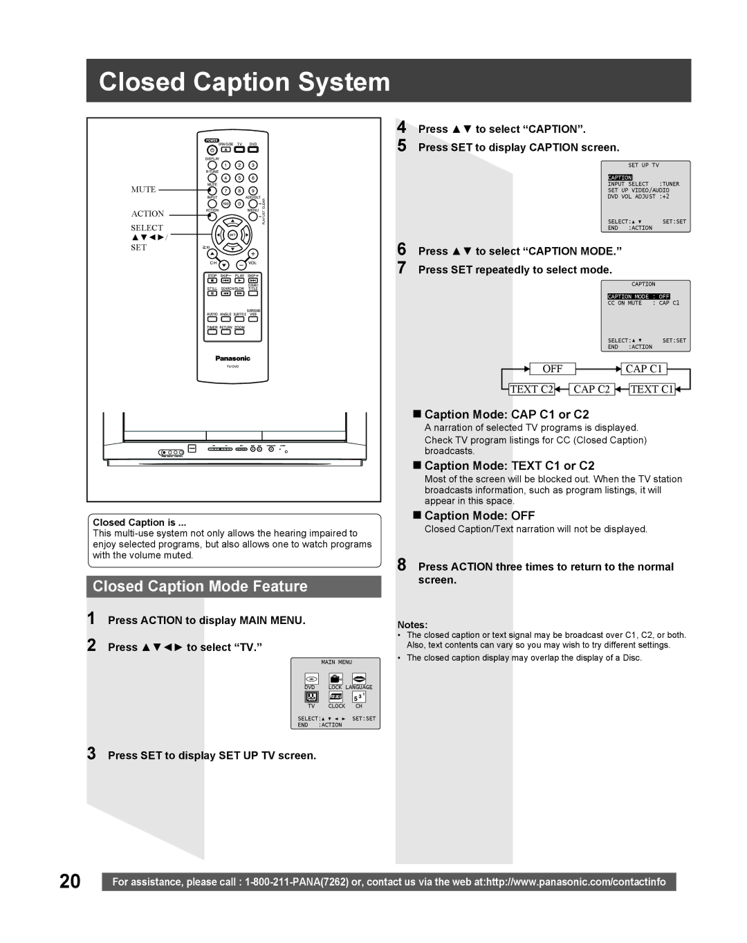 Panasonic PV 20DF25 Closed Caption System, Closed Caption Mode Feature, „ Caption Mode CAP C1 or C2, „ Caption Mode OFF 