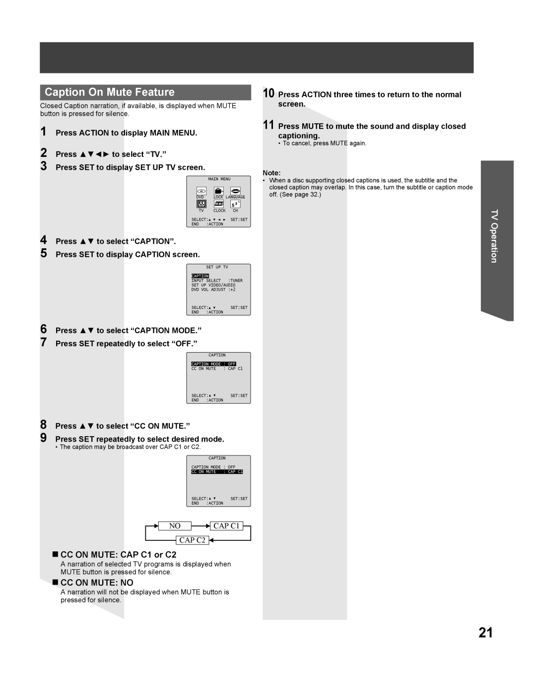 Panasonic PV 27DF25, PV 20DF25 operating instructions Caption On Mute Feature, „ CC on Mute CAP C1 or C2 