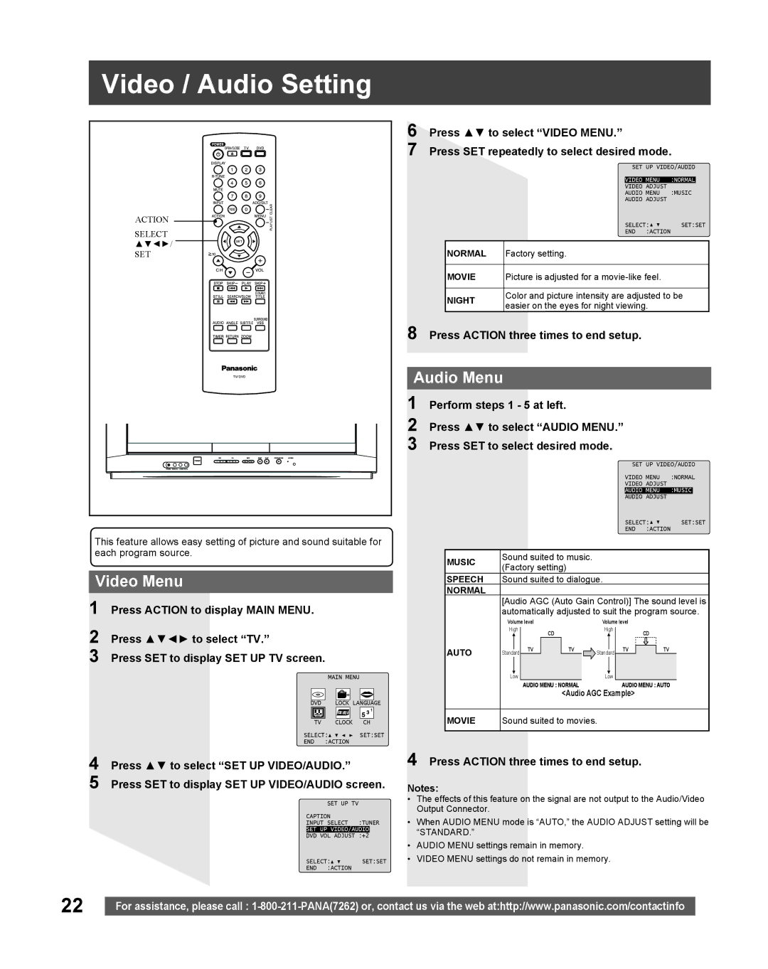 Panasonic PV 20DF25, PV 27DF25 Video / Audio Setting, Video Menu, Audio Menu, Press Action three times to end setup 