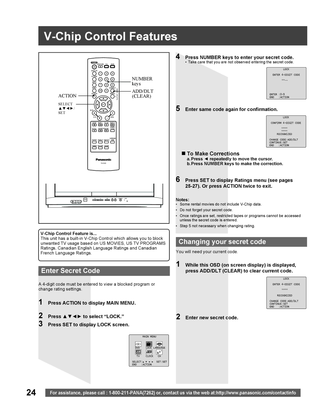 Panasonic PV 20DF25, PV 27DF25 Chip Control Features, Enter Secret Code, Changing your secret code, „ To Make Corrections 