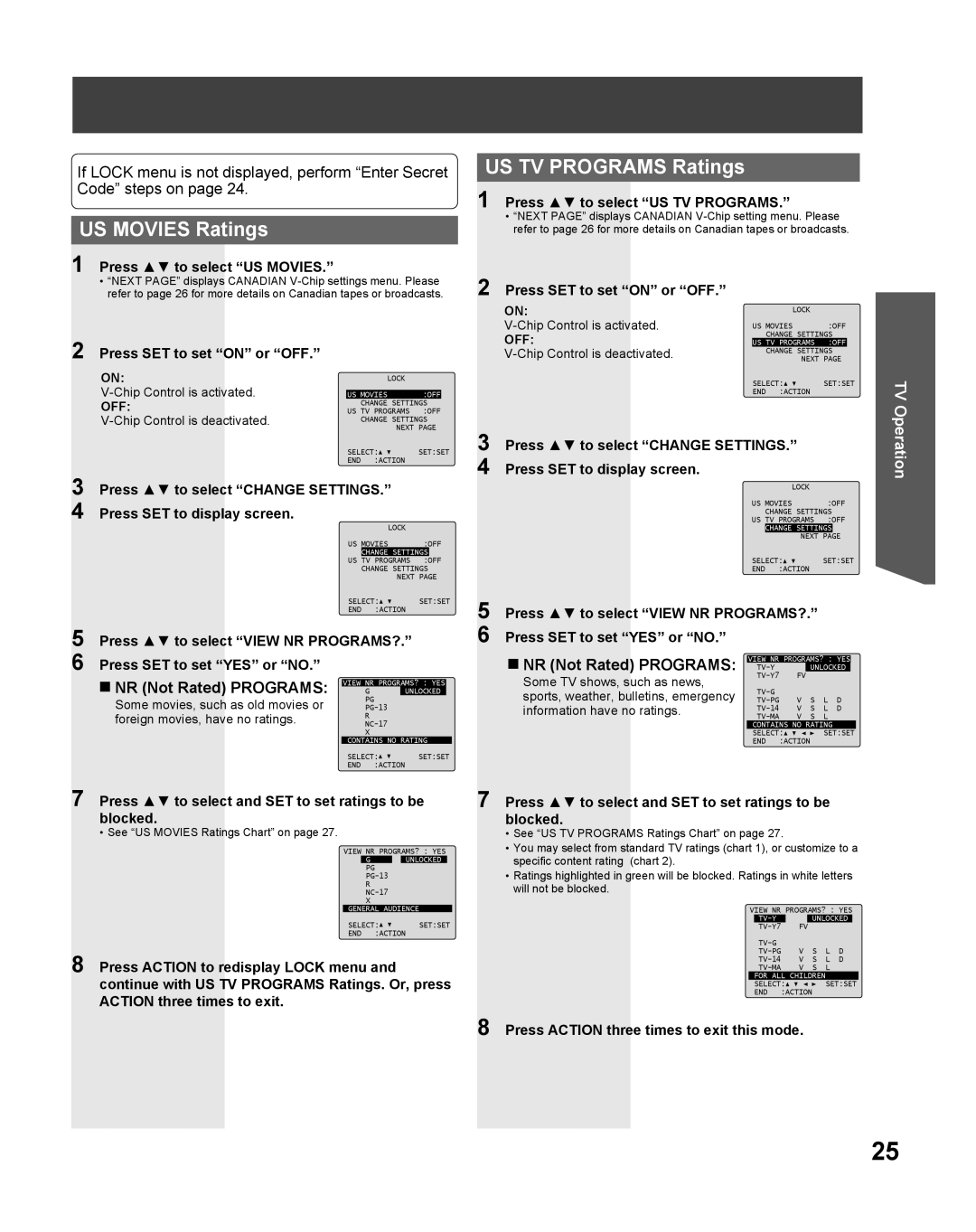 Panasonic PV 27DF25, PV 20DF25 operating instructions US Movies Ratings, US TV Programs Ratings, „ NR Not Rated Programs 