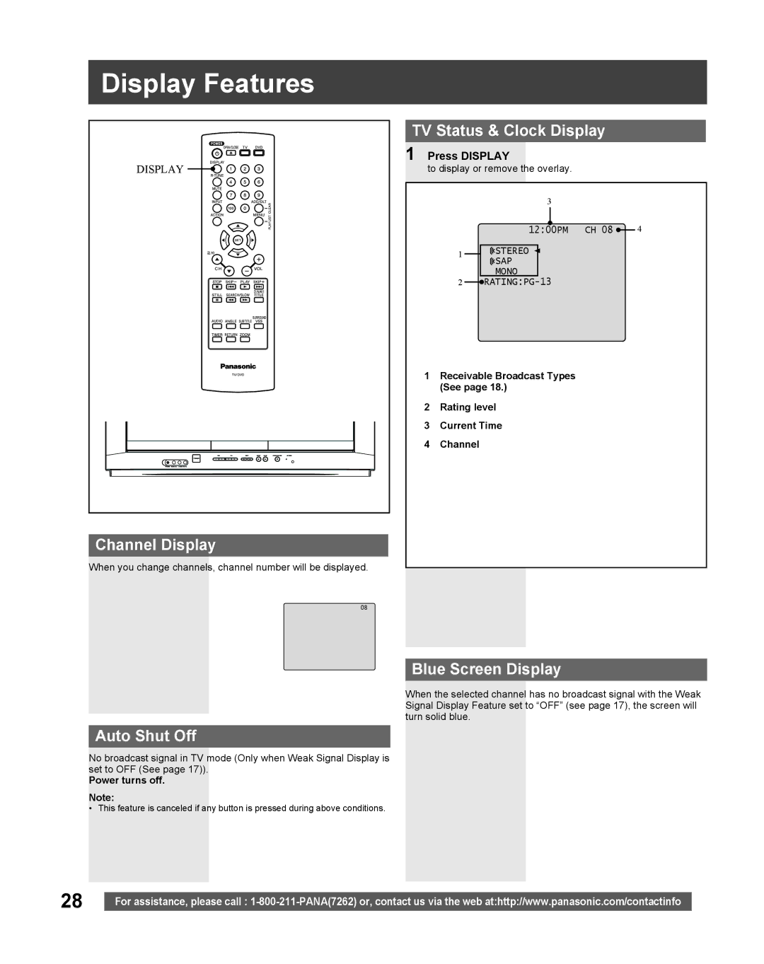 Panasonic PV 20DF25 Display Features, Channel Display, Auto Shut Off, TV Status & Clock Display, Blue Screen Display 