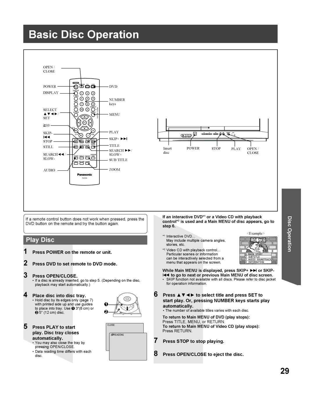 Panasonic PV 27DF25, PV 20DF25 operating instructions Basic Disc Operation, Play Disc, Place disc into disc tray 