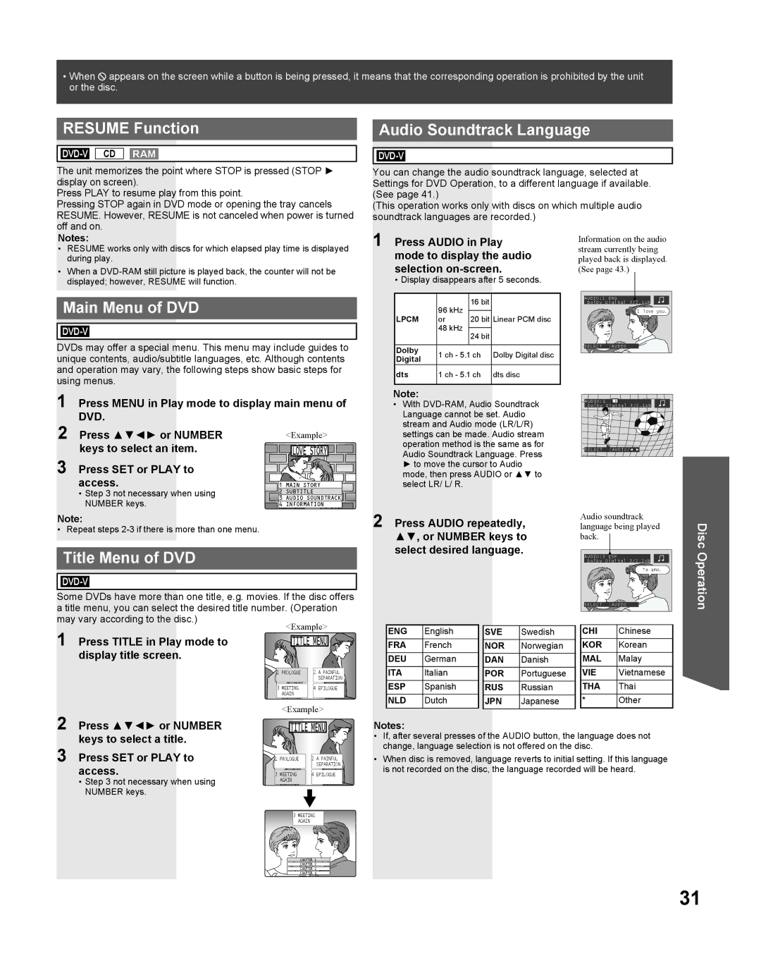 Panasonic PV 27DF25, PV 20DF25 Resume Function, Main Menu of DVD, Title Menu of DVD, Audio Soundtrack Language 