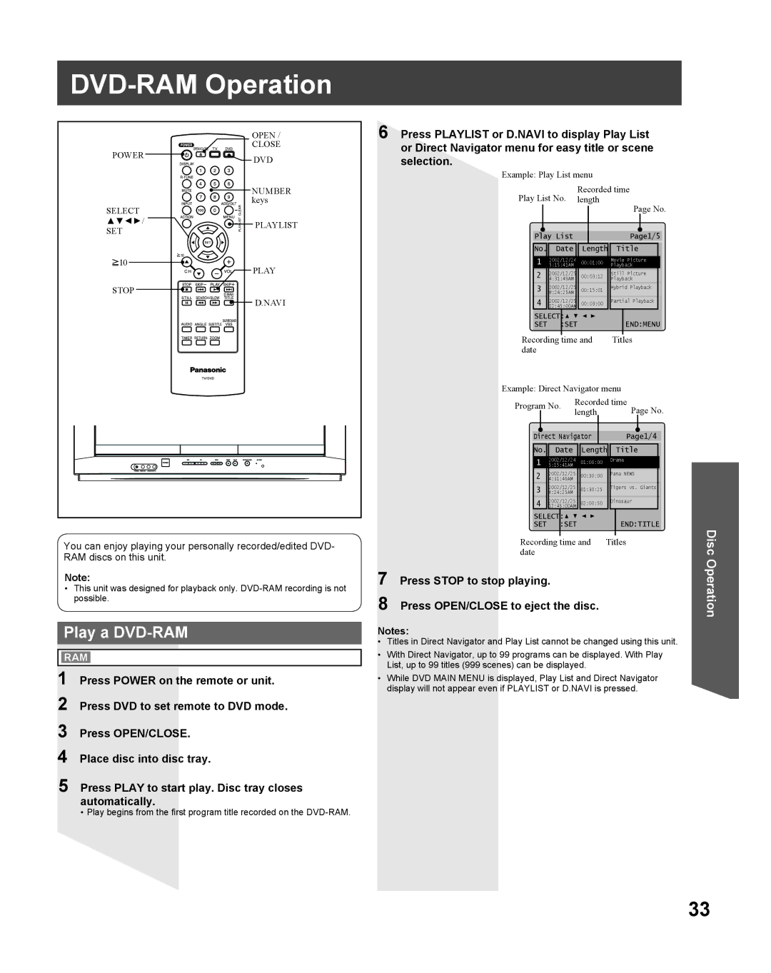 Panasonic PV 27DF25, PV 20DF25 operating instructions DVD-RAM Operation, Play a DVD-RAM 