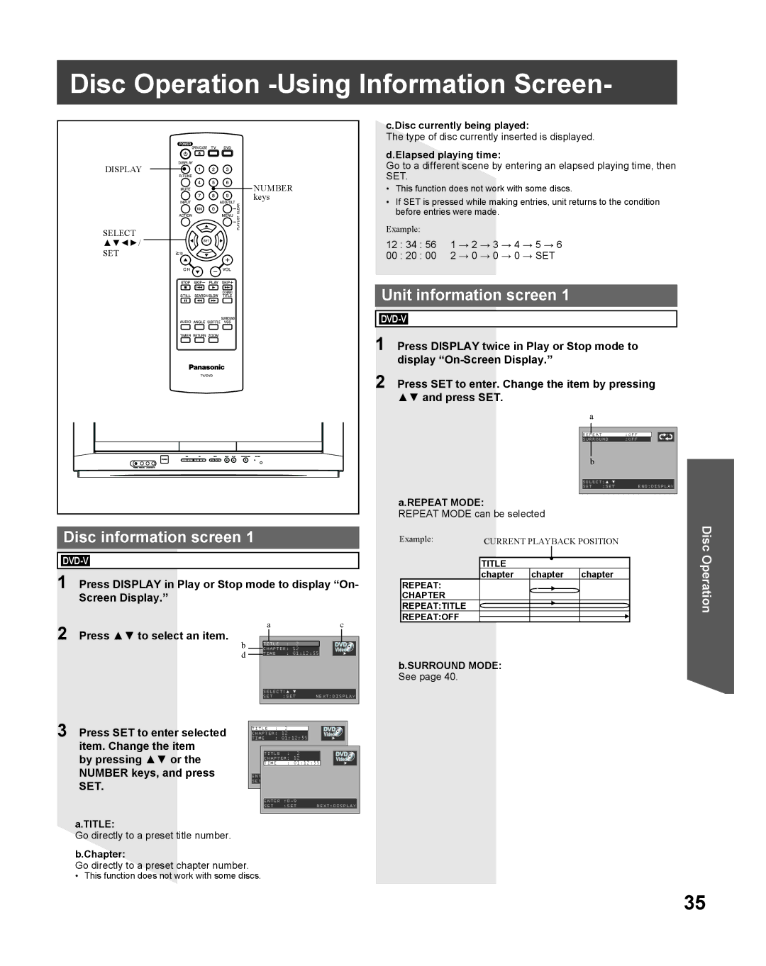 Panasonic PV 27DF25, PV 20DF25 Disc Operation -Using Information Screen, Disc information screen, Unit information screen 