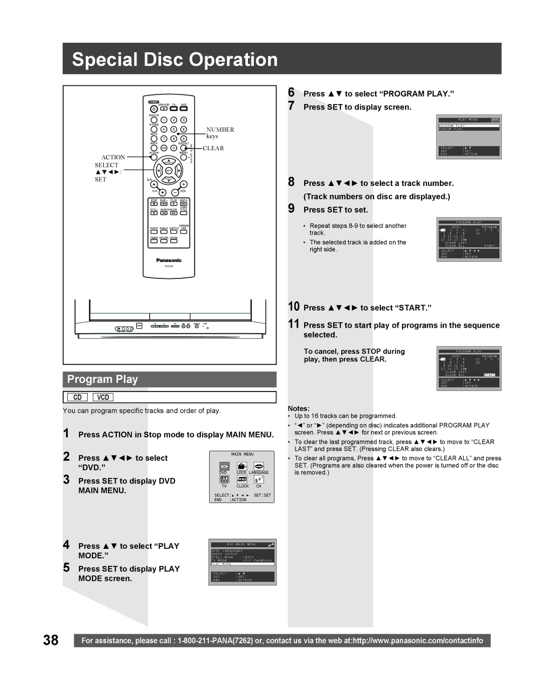 Panasonic PV 20DF25, PV 27DF25 Special Disc Operation, Press to select Program Play Press SET to display screen 