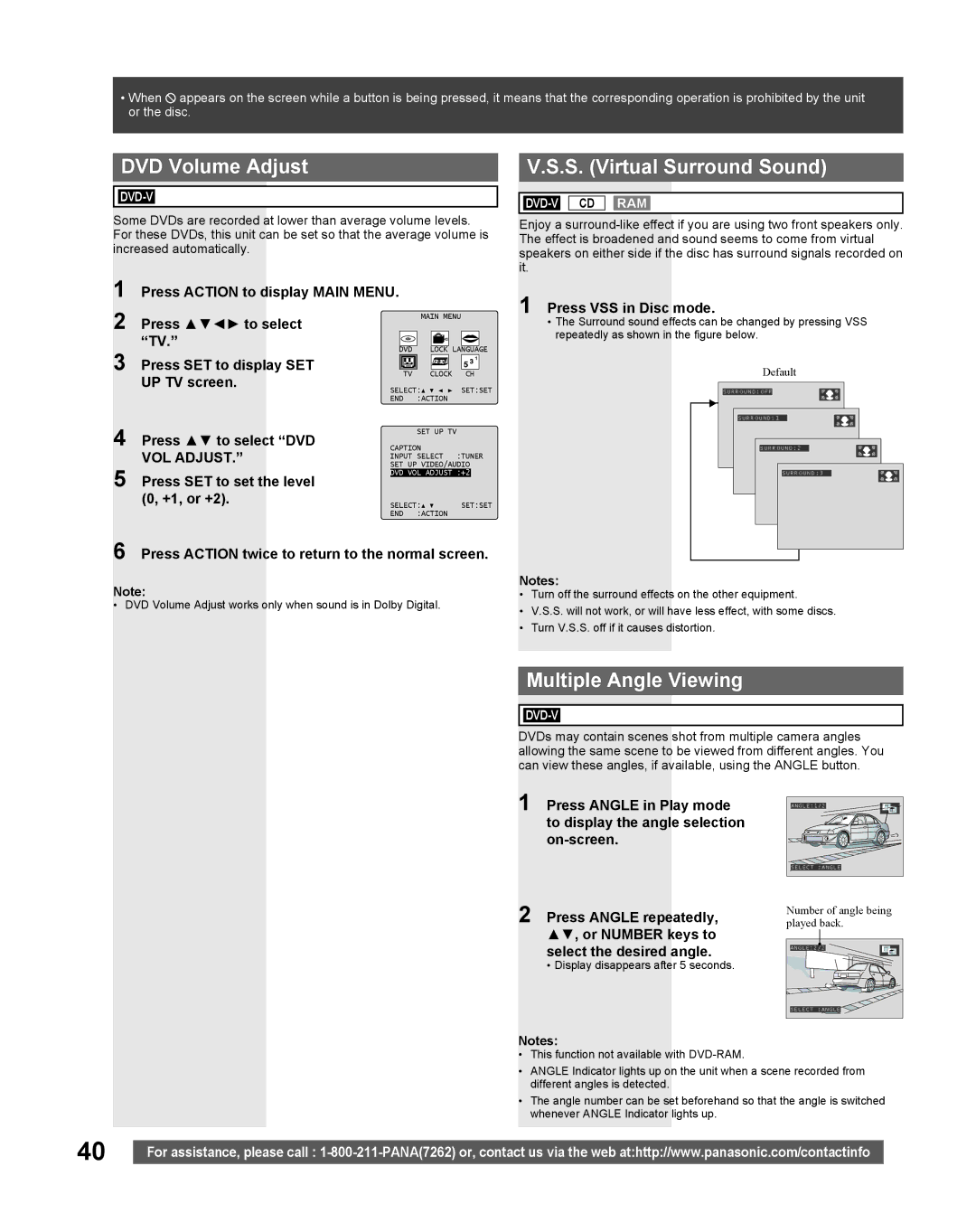 Panasonic PV 20DF25, PV 27DF25 operating instructions DVD Volume Adjust, S. Virtual Surround Sound, Multiple Angle Viewing 