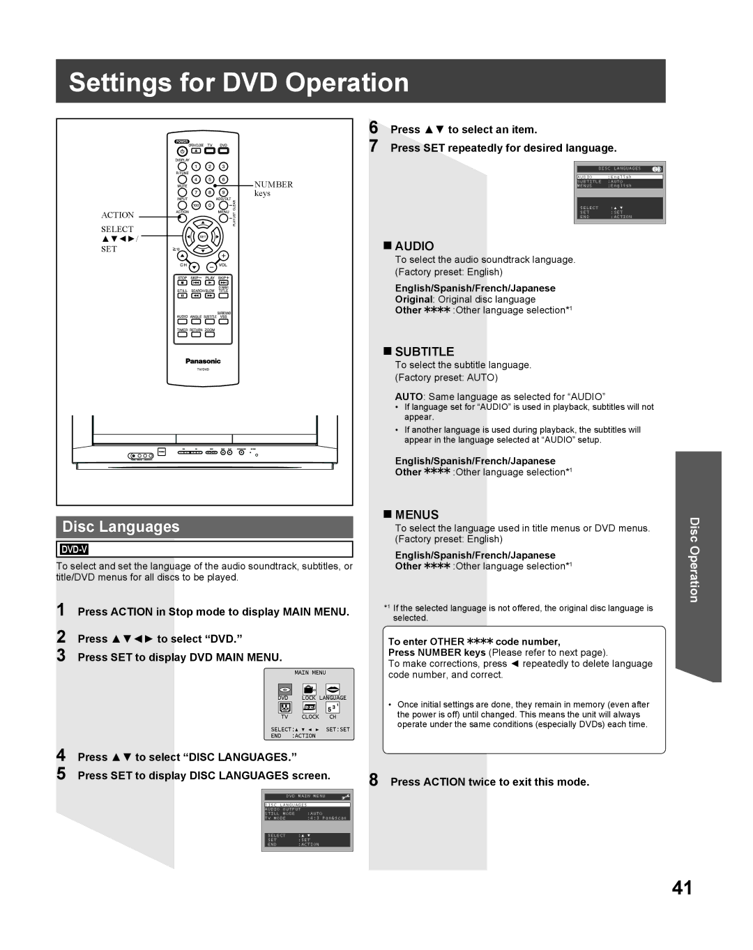 Panasonic PV 27DF25 Settings for DVD Operation, Disc Languages, Press to select DVD Press SET to display DVD Main Menu 