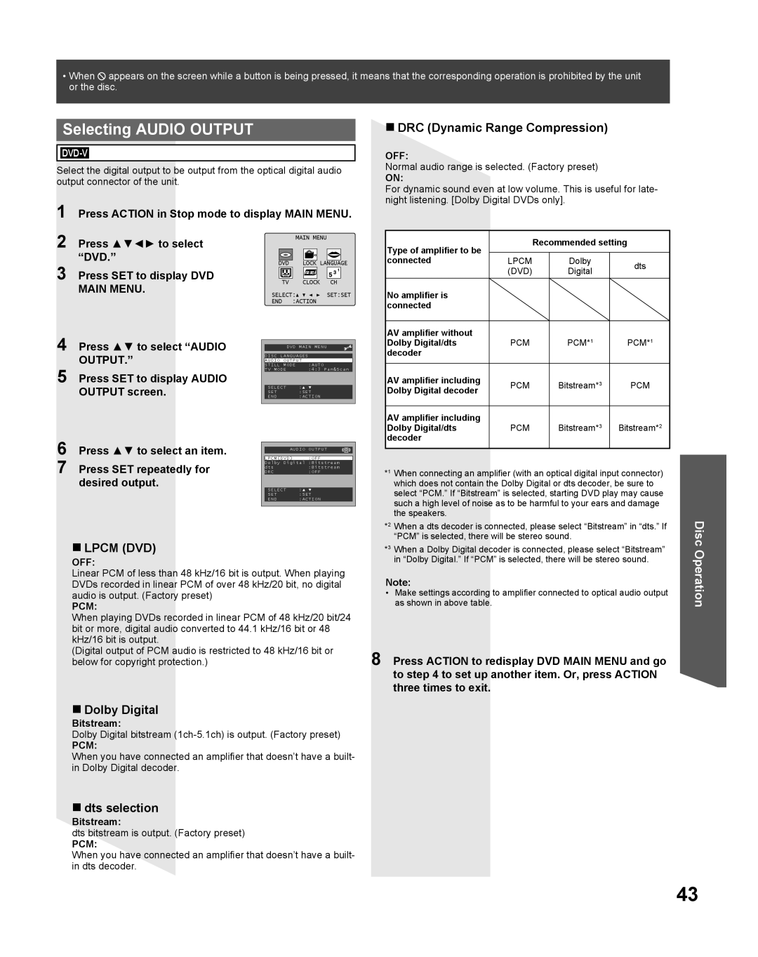 Panasonic PV 27DF25 Selecting Audio Output, „ DRC Dynamic Range Compression, „ Dolby Digital, „ dts selection, Pcm 