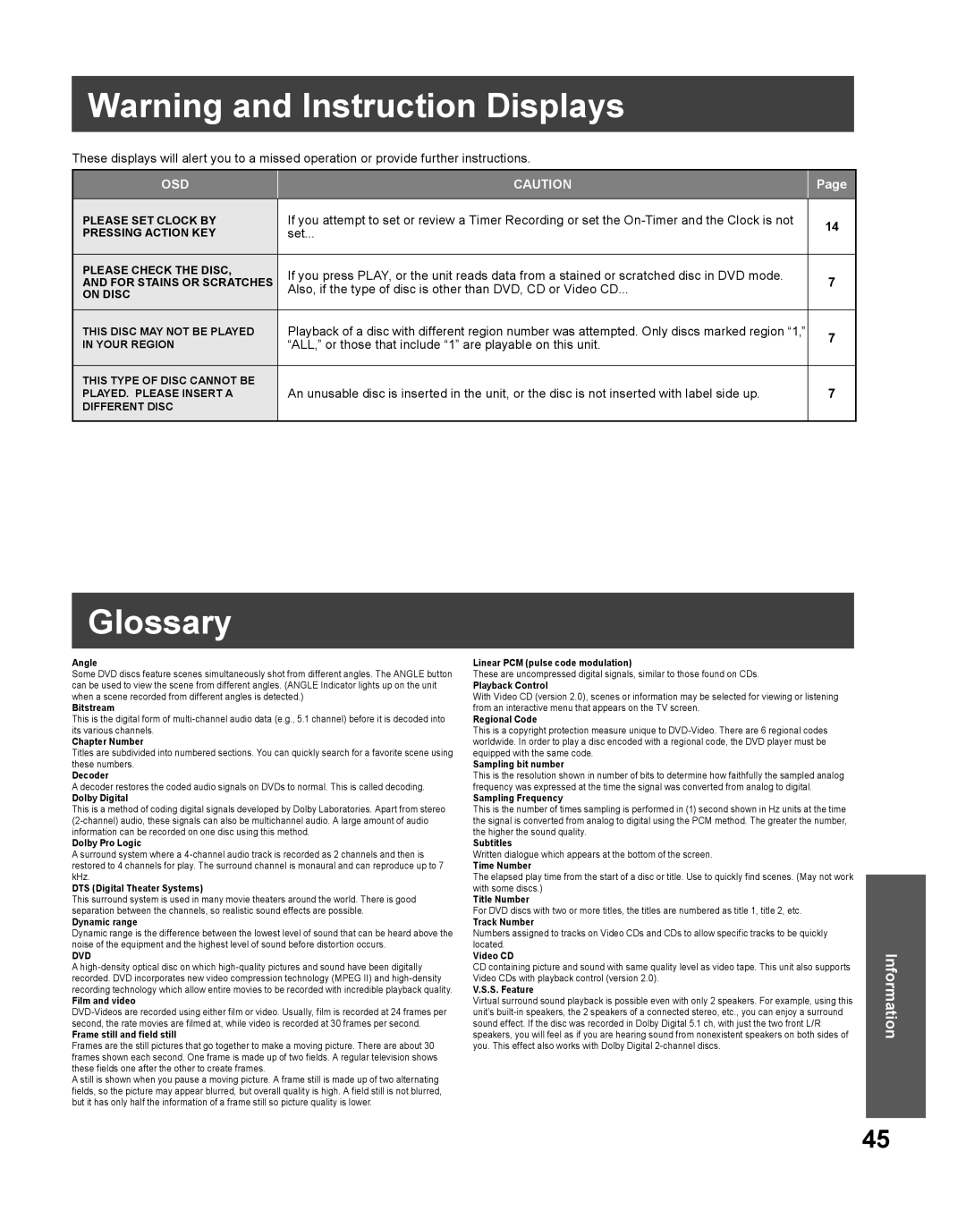 Panasonic PV 27DF25, PV 20DF25 Glossary, Set, Also, if the type of disc is other than DVD, CD or Video CD 