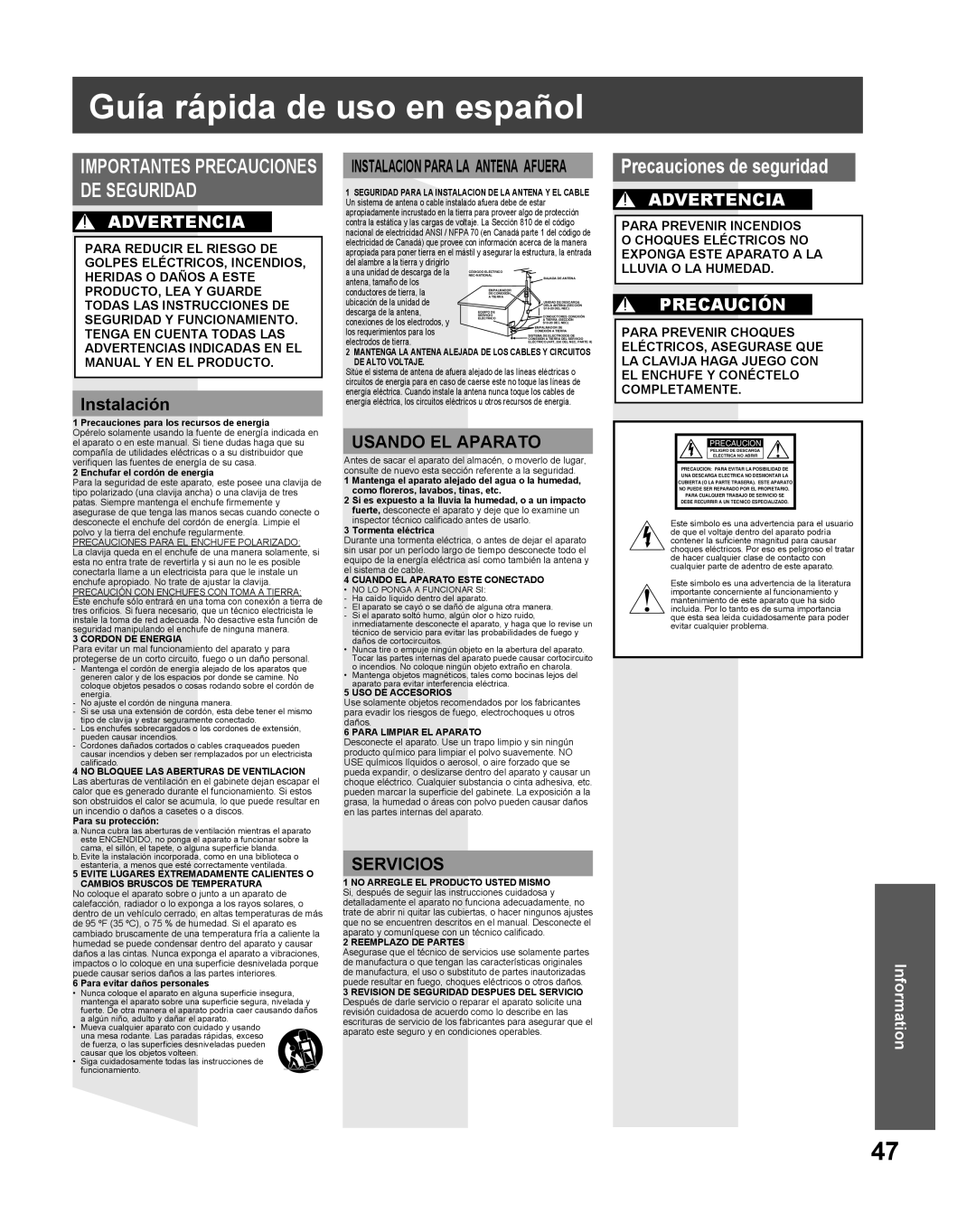 Panasonic PV 27DF25, PV 20DF25 operating instructions Guía rápida de uso en español, Precauciones de seguridad, Instalación 