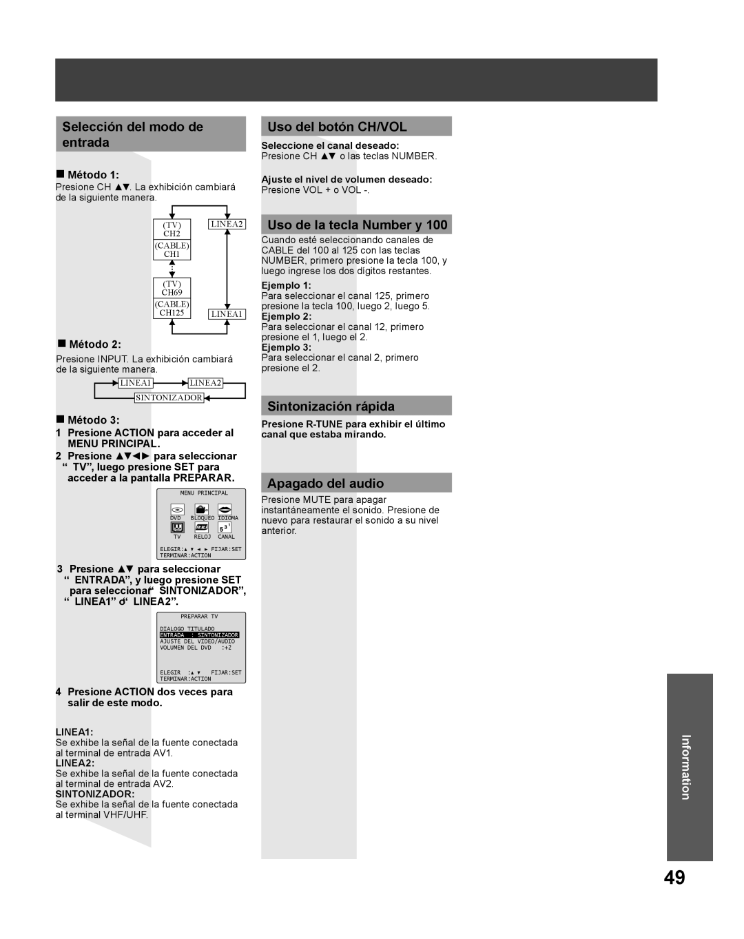 Panasonic PV 27DF25 Selección del modo de Entrada, Uso del botón CH/VOL, Uso de la tecla Number y, Sintonización rápida 