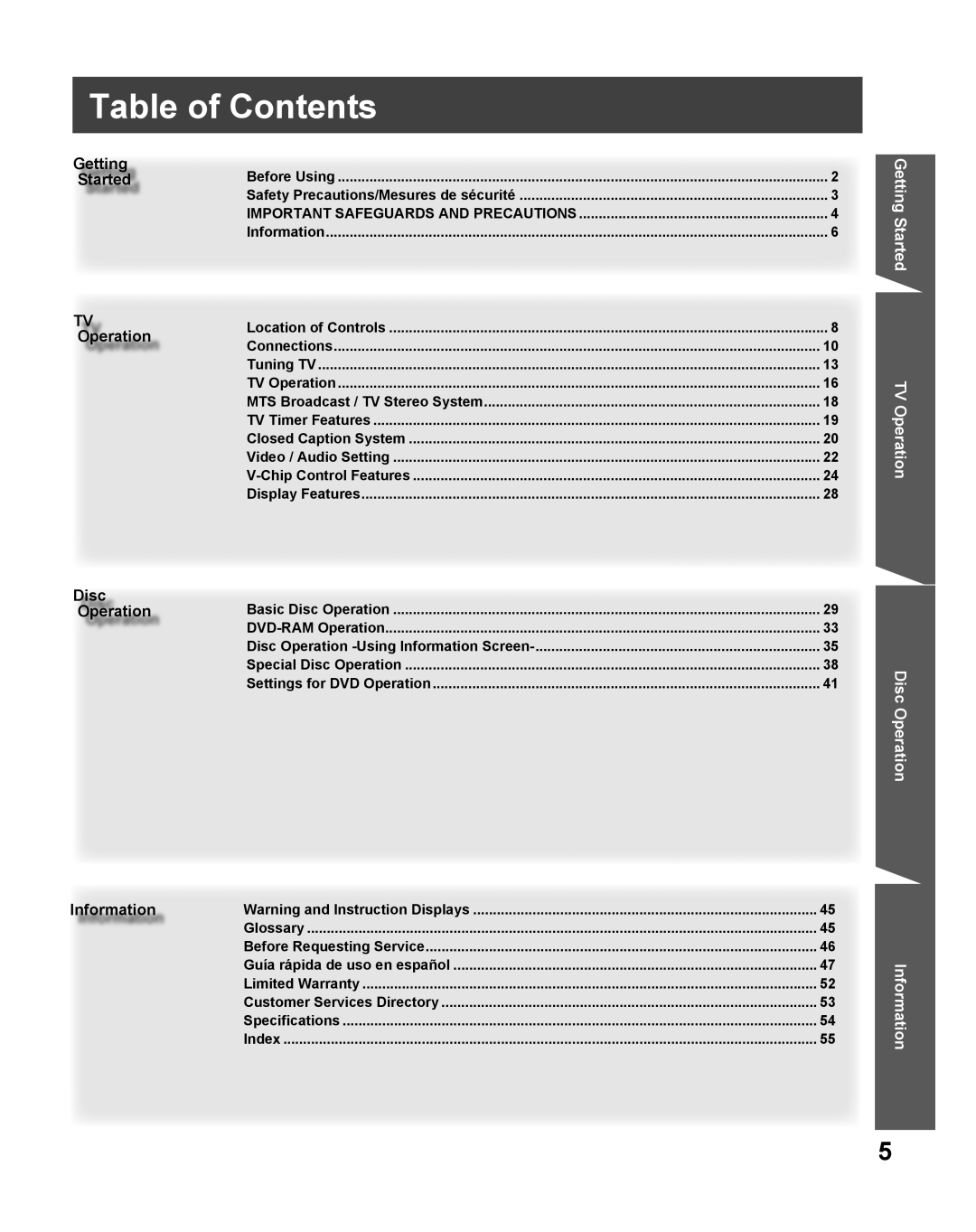 Panasonic PV 27DF25, PV 20DF25 operating instructions Table of Contents 